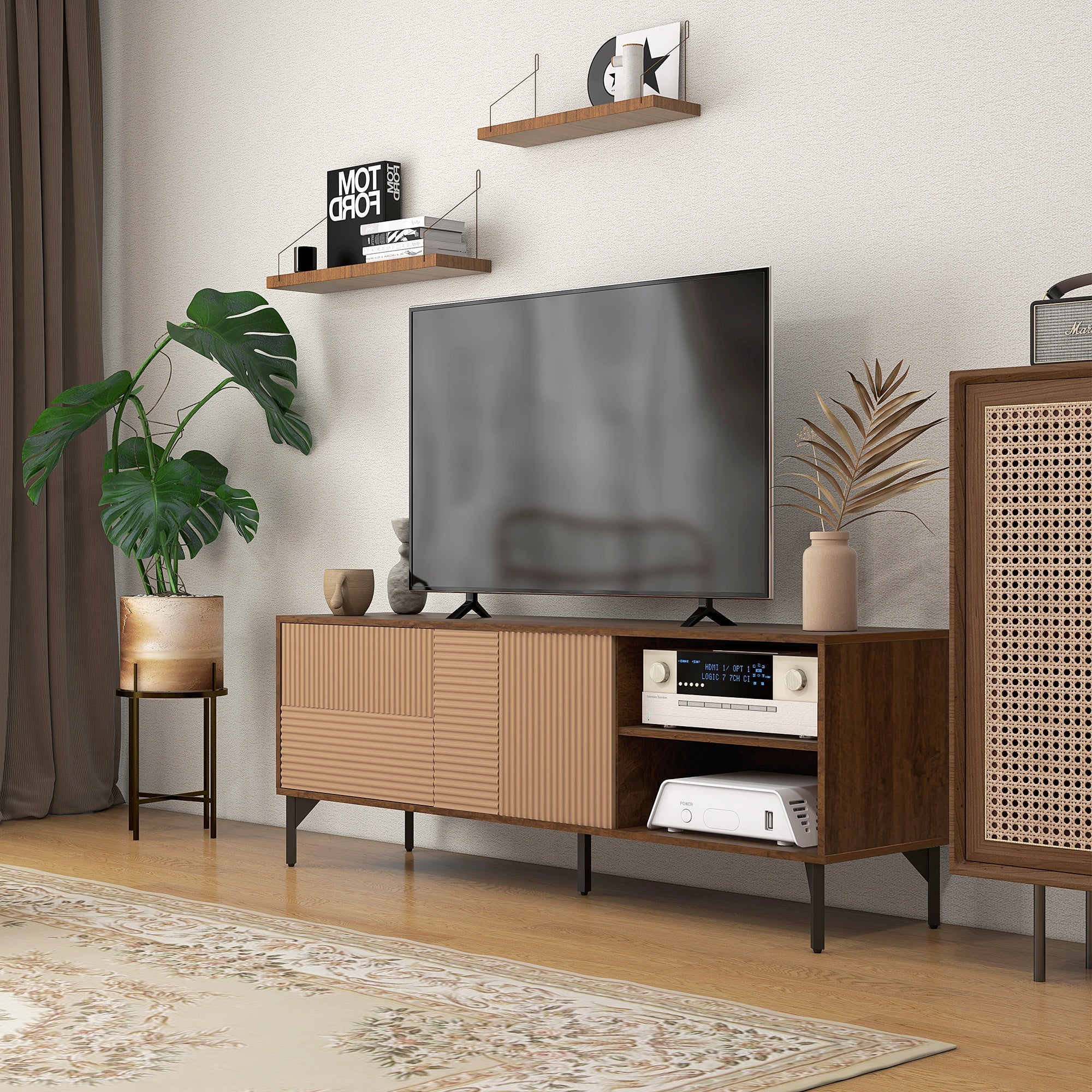 Easycomfort Mobile Porta TV fino 65" with 2 Armadietti e 2 Vani Aperti in Legno, 150x40x56cm, Marrone