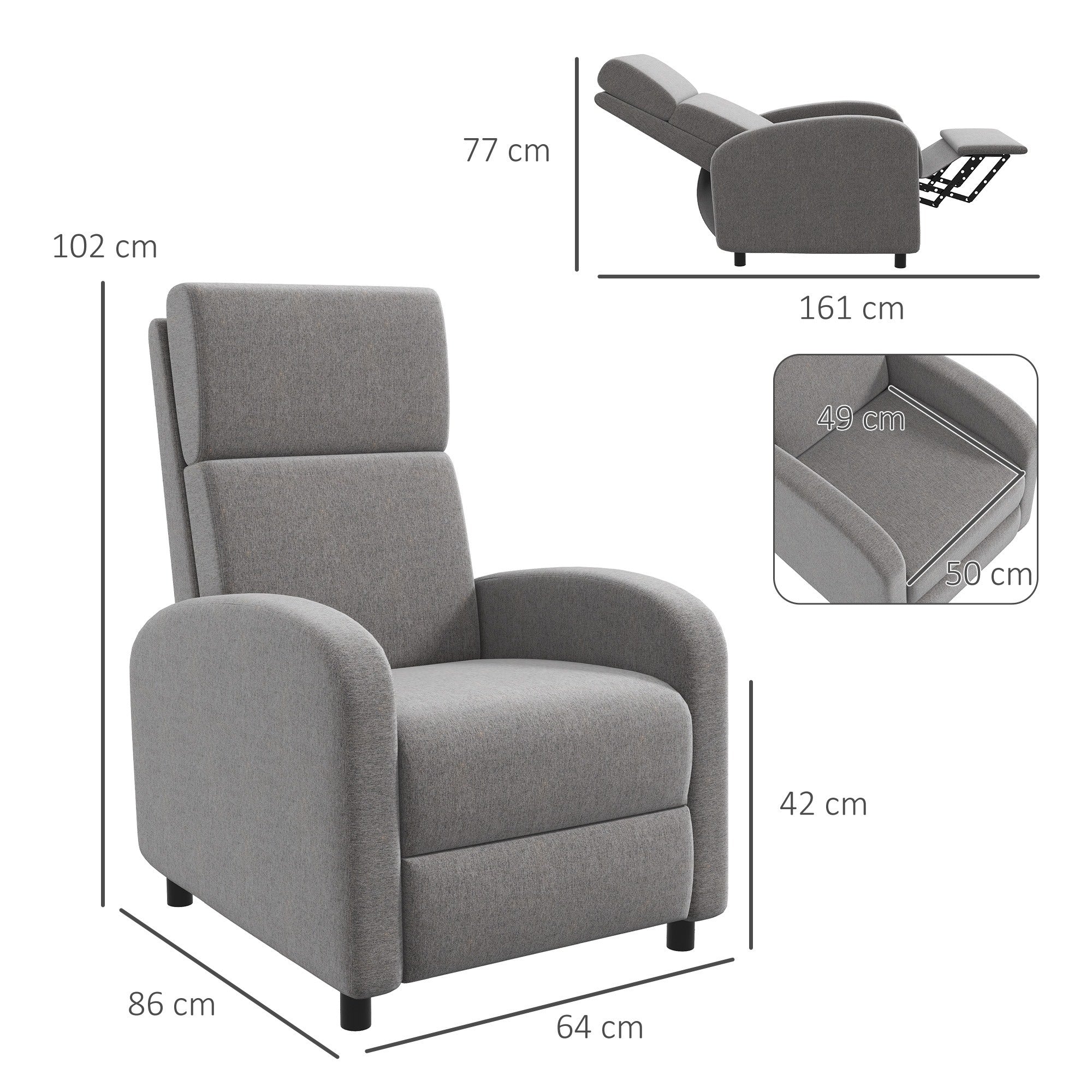 Easycomfort Poltrona Reclinabile 160° in Tessuto Effetto Lino with Braccioli Quadrati, 64x86x102 cm, Grigia