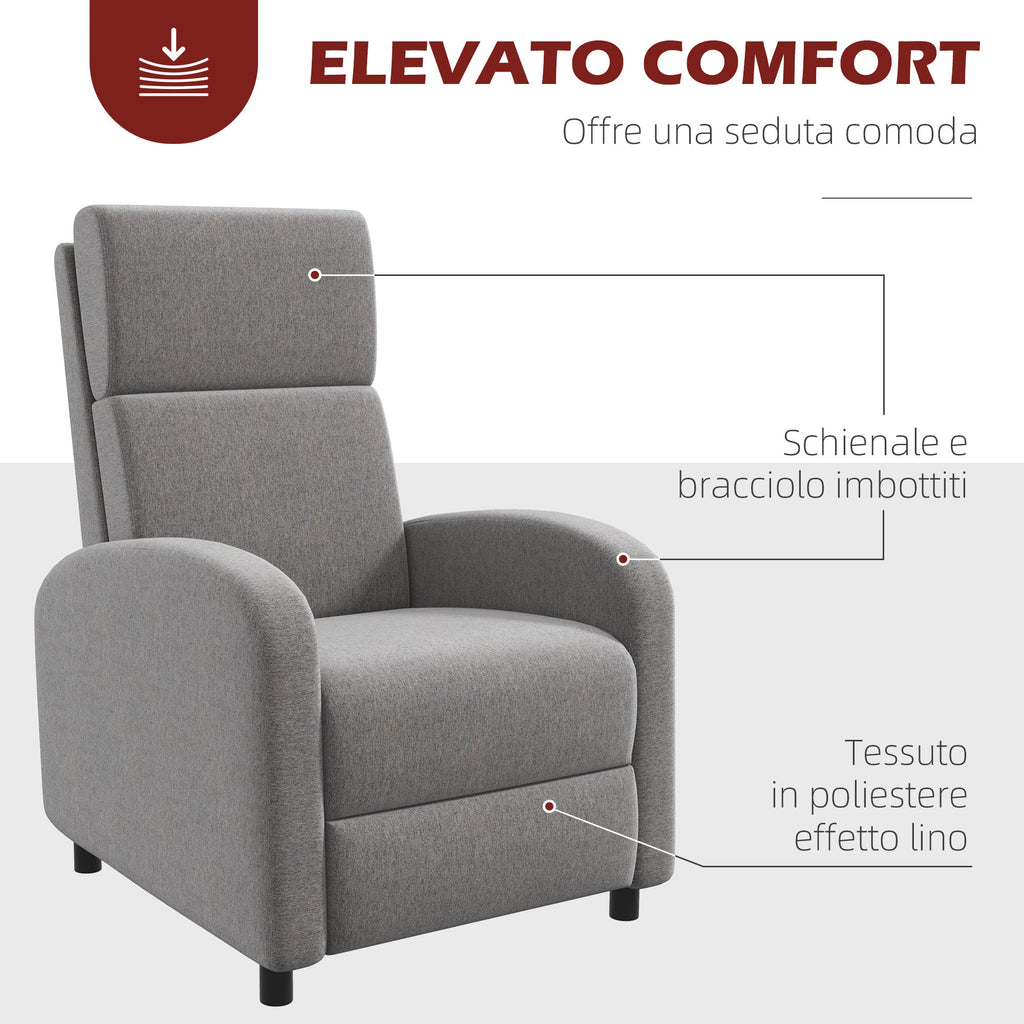Easycomfort Poltrona Reclinabile 160° in Tessuto Effetto Lino with Braccioli Quadrati, 64x86x102 cm, Grigia
