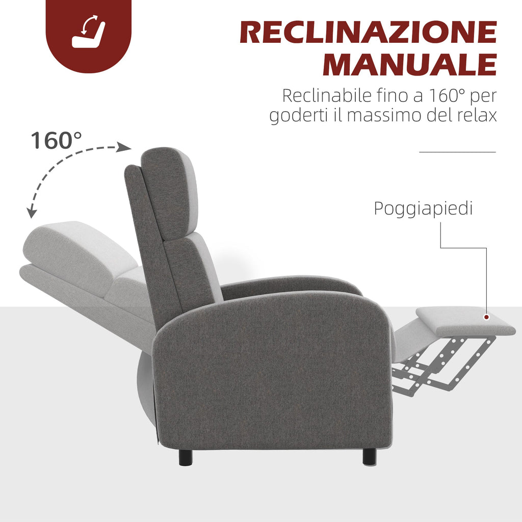 Easycomfort Poltrona Reclinabile 160° in Tessuto Effetto Lino with Braccioli Quadrati, 64x86x102 cm, Grigia