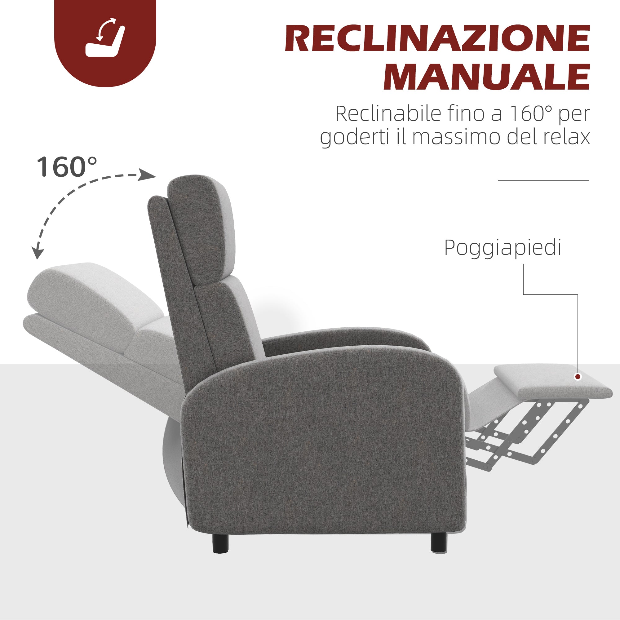 Easycomfort Poltrona Reclinabile 160° in Tessuto Effetto Lino with Braccioli Quadrati, 64x86x102 cm, Grigia