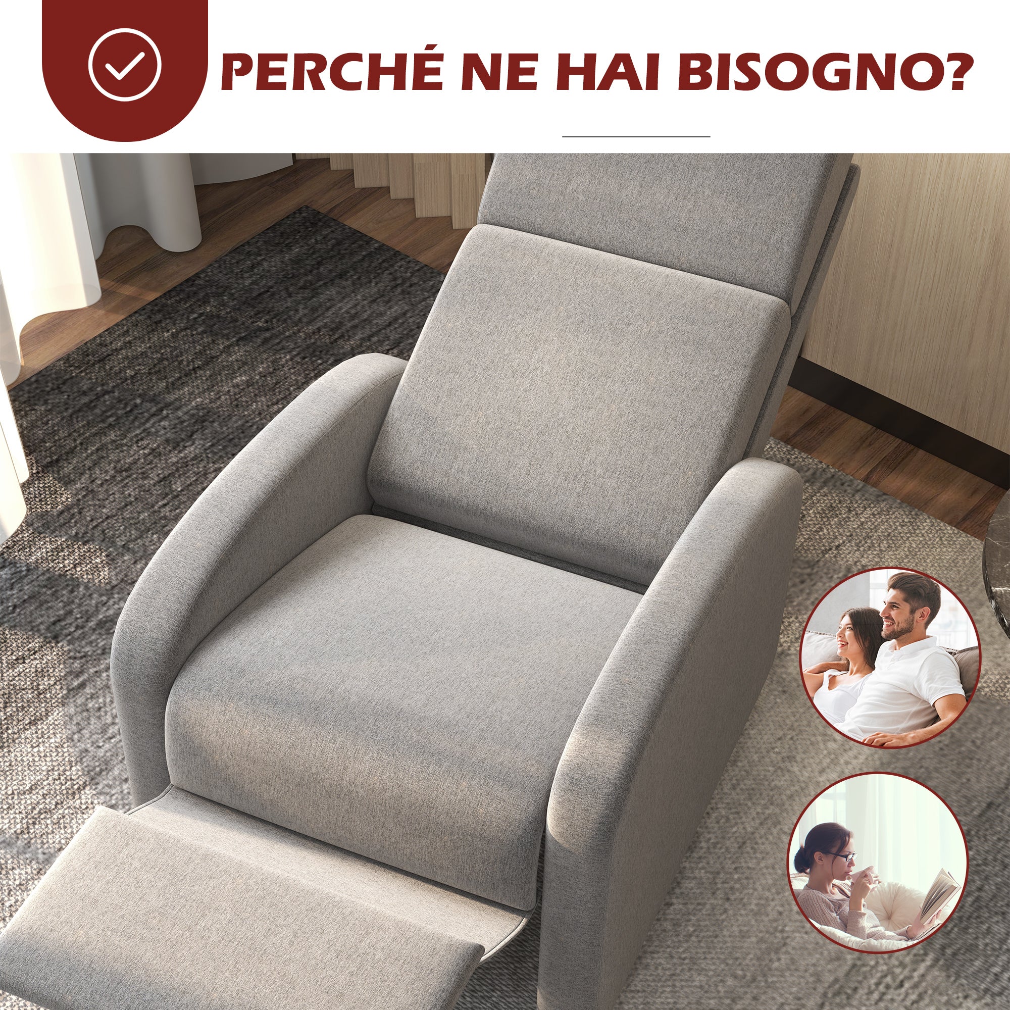 Easycomfort Poltrona Reclinabile 160° in Tessuto Effetto Lino with Braccioli Quadrati, 64x86x102 cm, Grigia