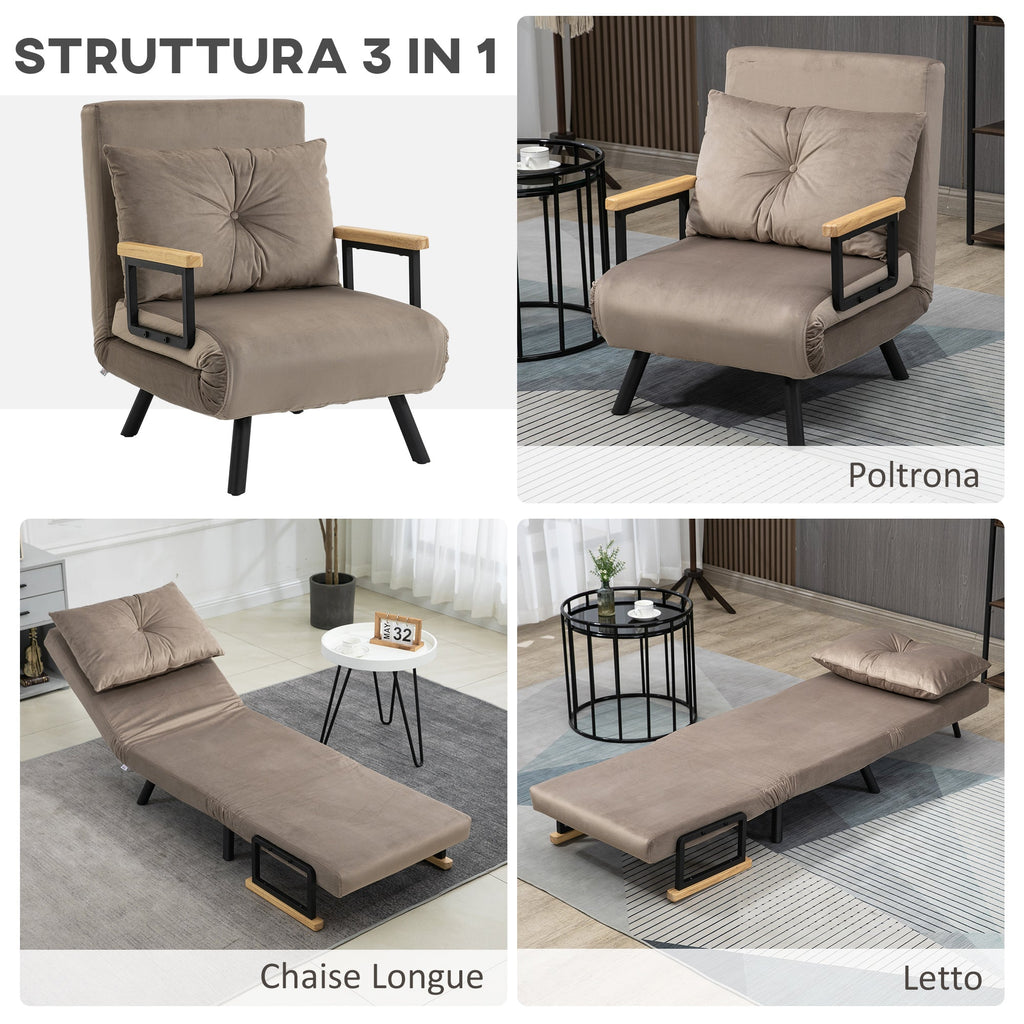 Easycomfort Poltrona Letto Imbottita 3 in 1 with Schienale Reclinabile in 5 Posizioni e Cuscino, 63x73x81 cm, Grigio