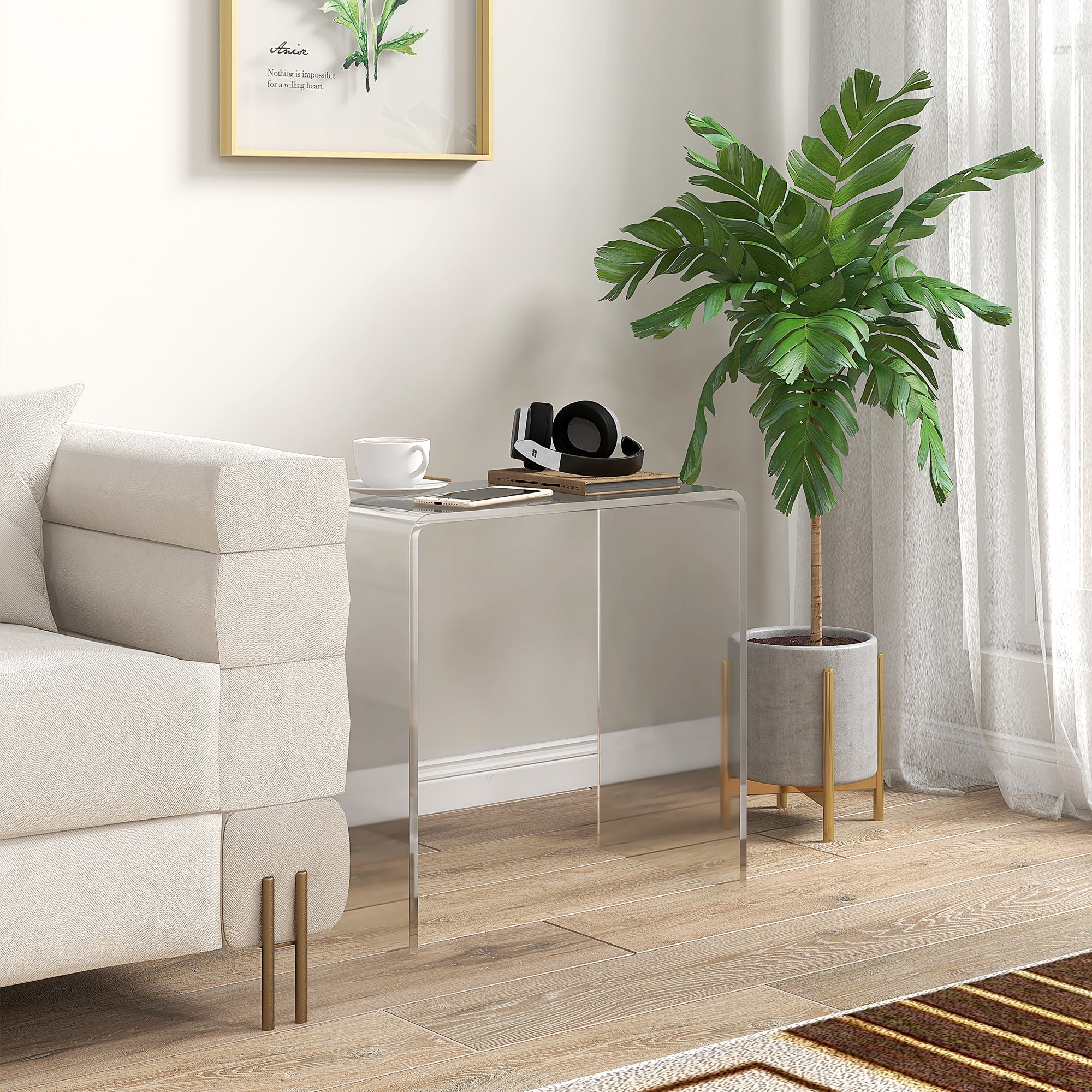 Easycomfort Tavolino da Salotto in Acrilico a U with Bordi Lisci e Angoli Arrotondati, 53.5x30.5x53.5 cm, Trasparente