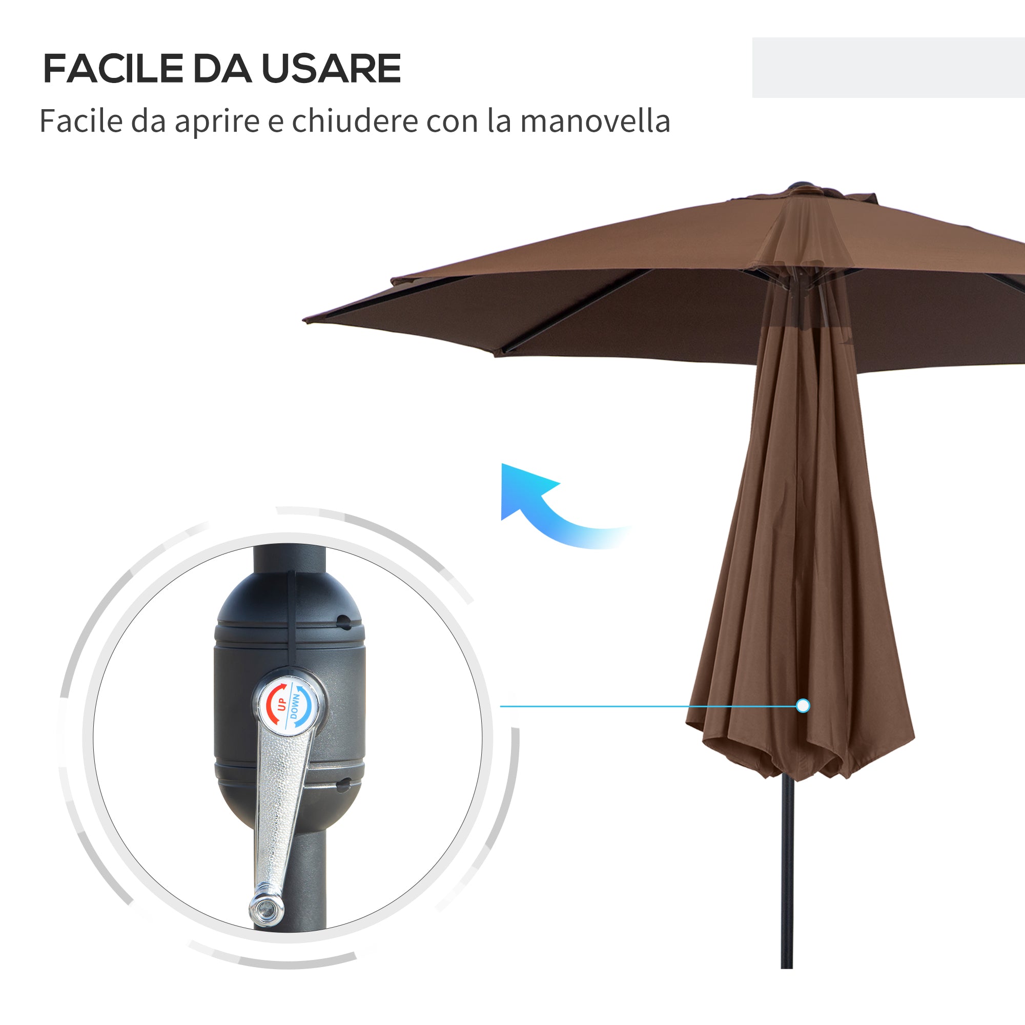 EASYCOMFORT Tilting Garden Umbrella 3x2.5 m with Removable Pole, in Metal and Polyester, Coffee