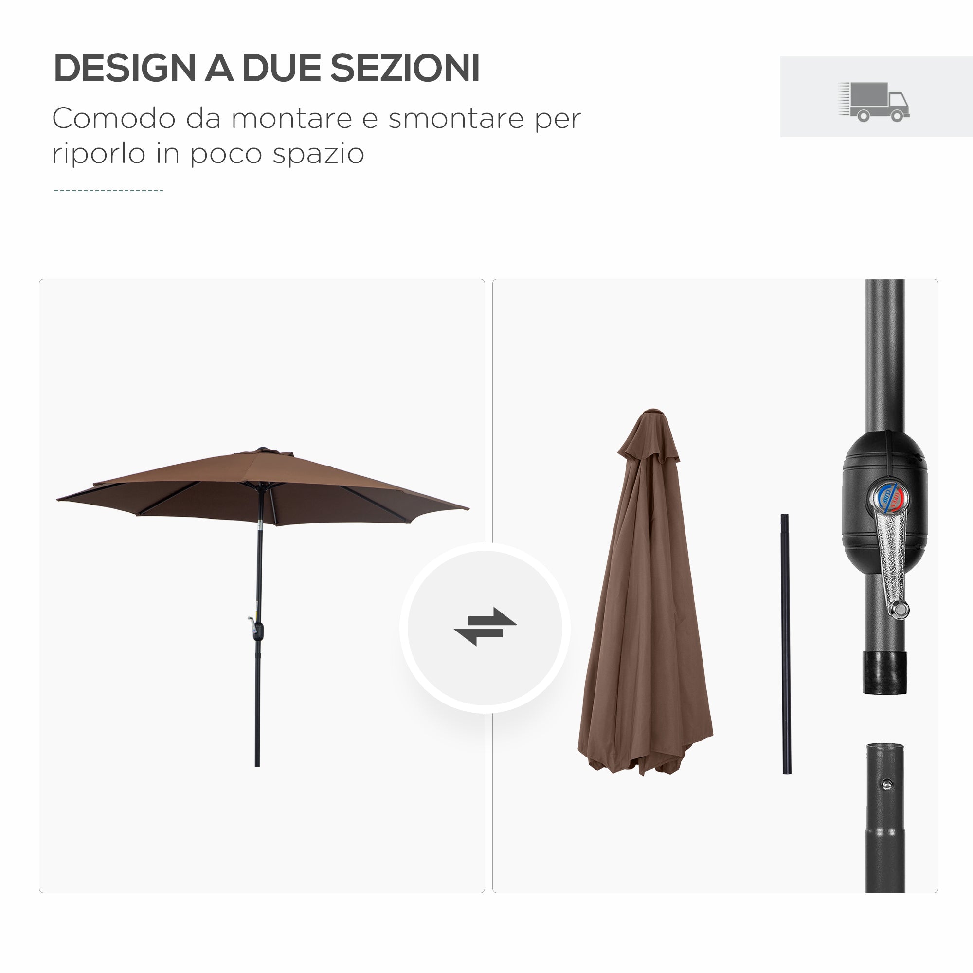 EASYCOMFORT Tilting Garden Umbrella 3x2.5 m with Removable Pole, in Metal and Polyester, Coffee