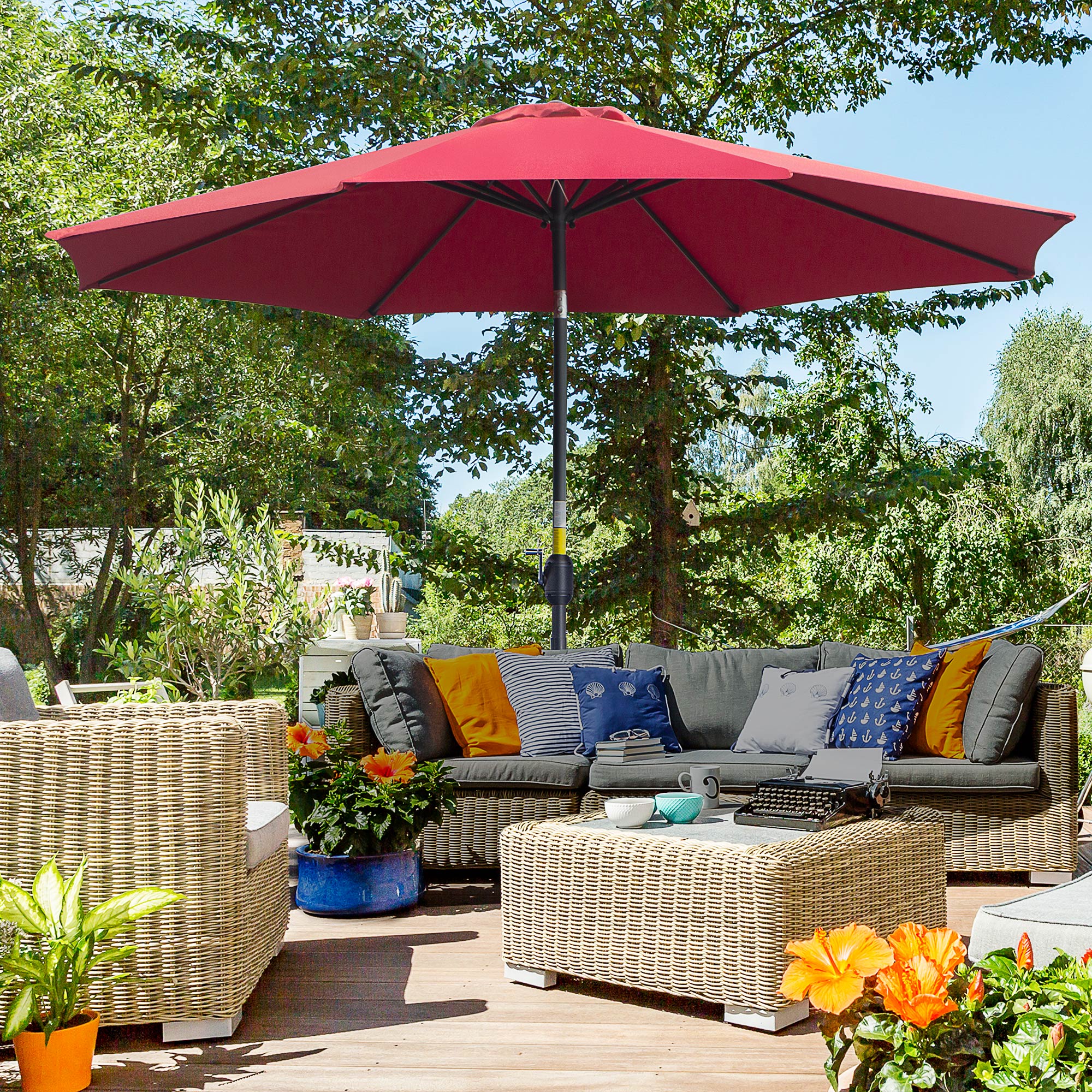 EASYCOMFORT Tilting Garden Umbrella 3x2.5 m with Removable Pole, in Metal and Dark Red Polyester