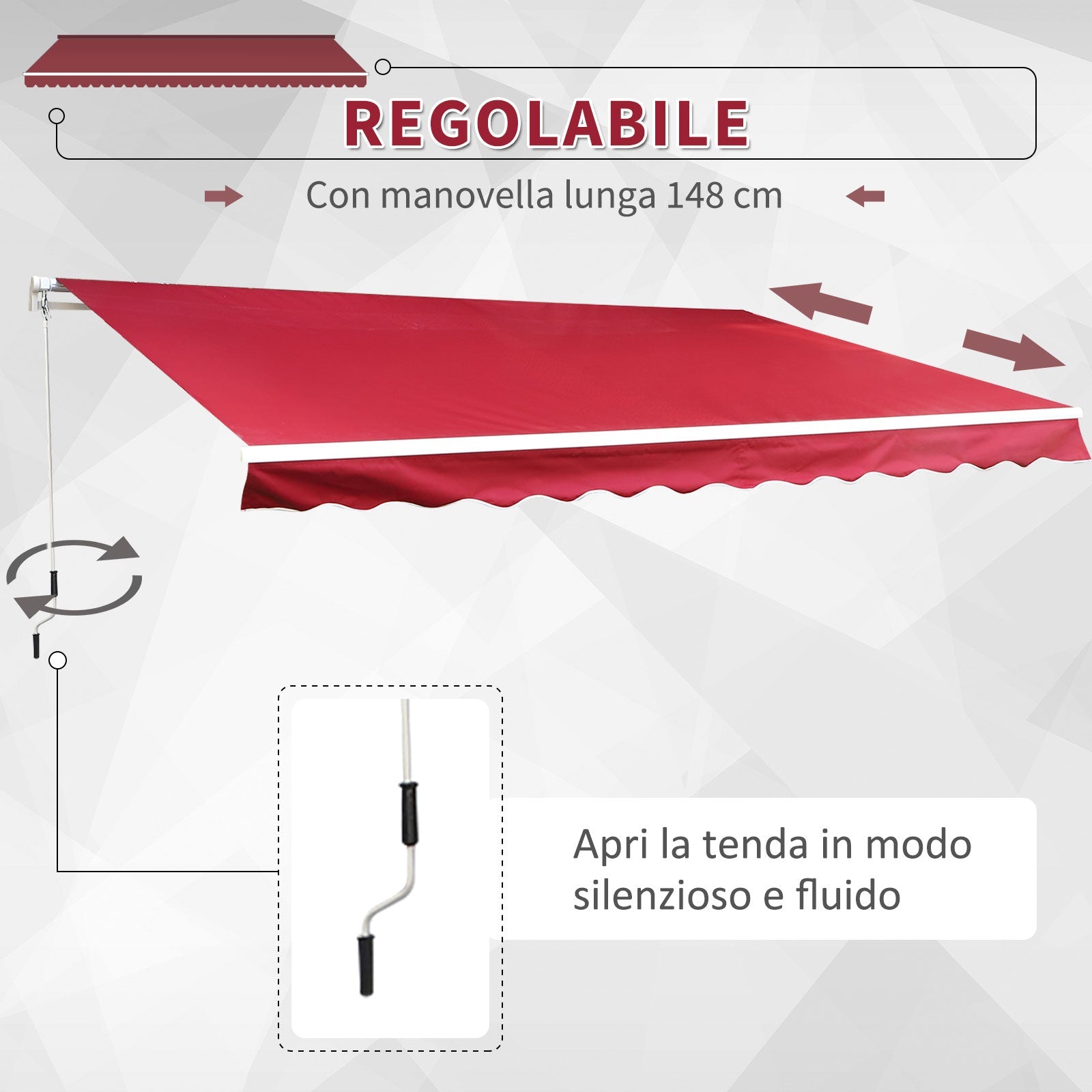 EASYCOMFORT Outdoor Awning with Crank Roller in Metal and Aluminium, 4x2.5m, Dark Red