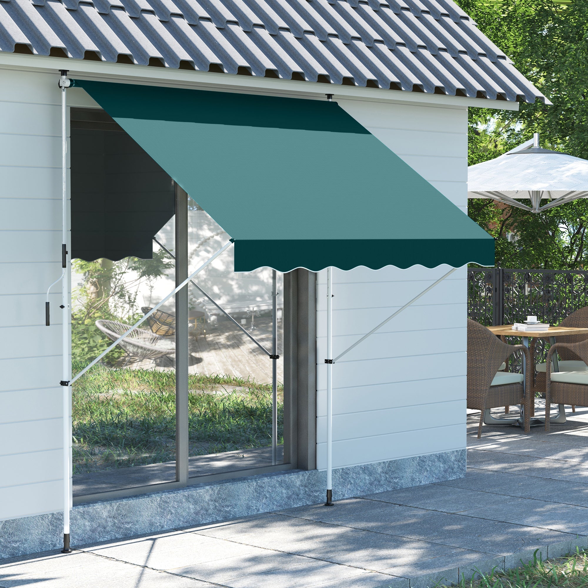 EASYCOMFORT Outdoor Roller Awning 2x1.5m with Crank, Adjustable Height and Angle, Green