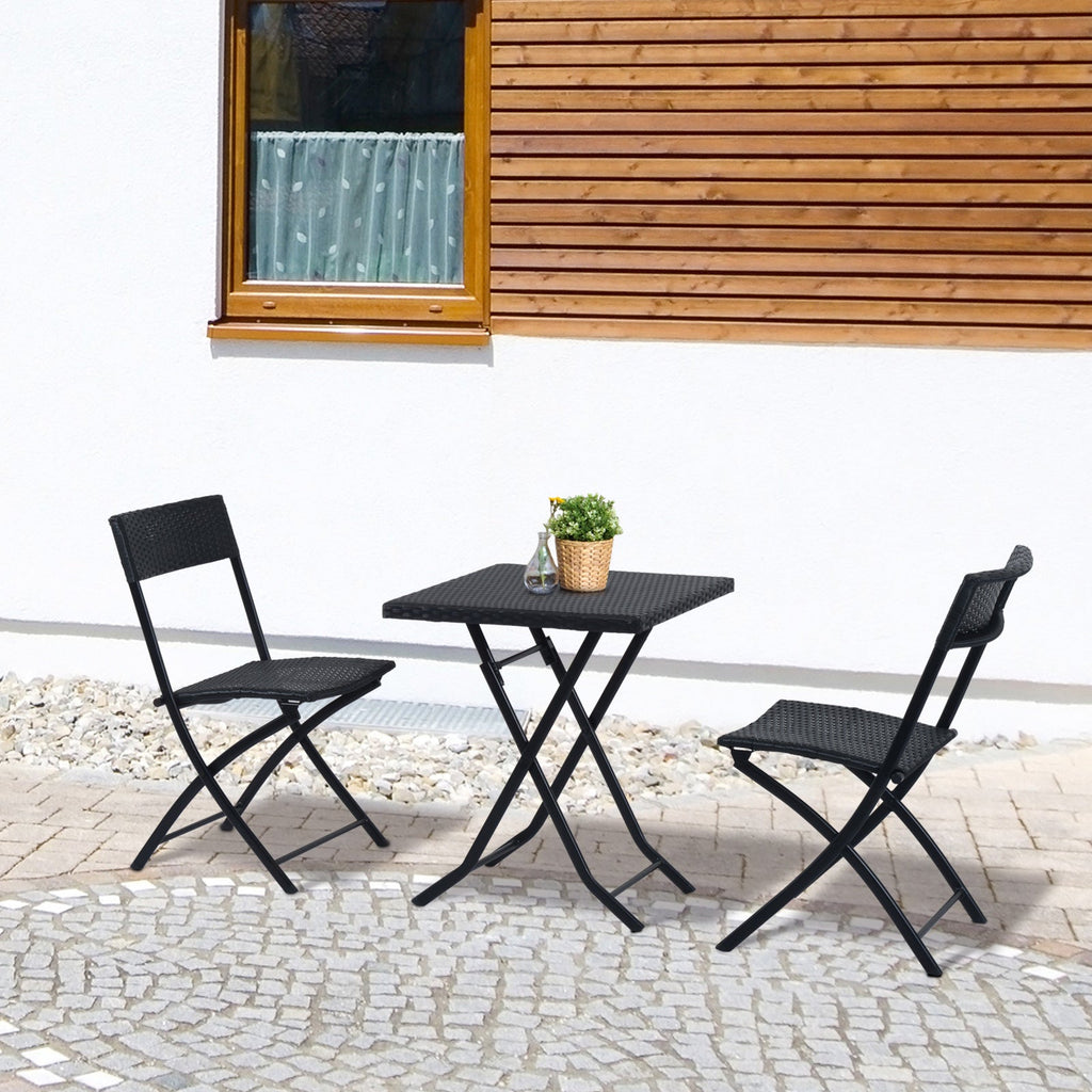 EASYCOMFORT Rattan Garden Furniture Set 1 Coffee Table and 2 Folding Garden Chairs 3pcs Black