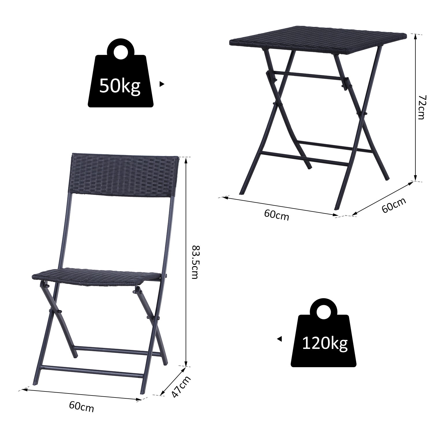 EASYCOMFORT Rattan Garden Furniture Set 1 Coffee Table and 2 Folding Garden Chairs 3pcs Black