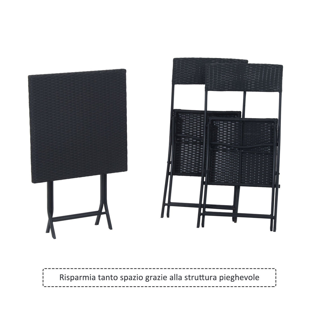 EASYCOMFORT Rattan Garden Furniture Set 1 Coffee Table and 2 Folding Garden Chairs 3pcs Black