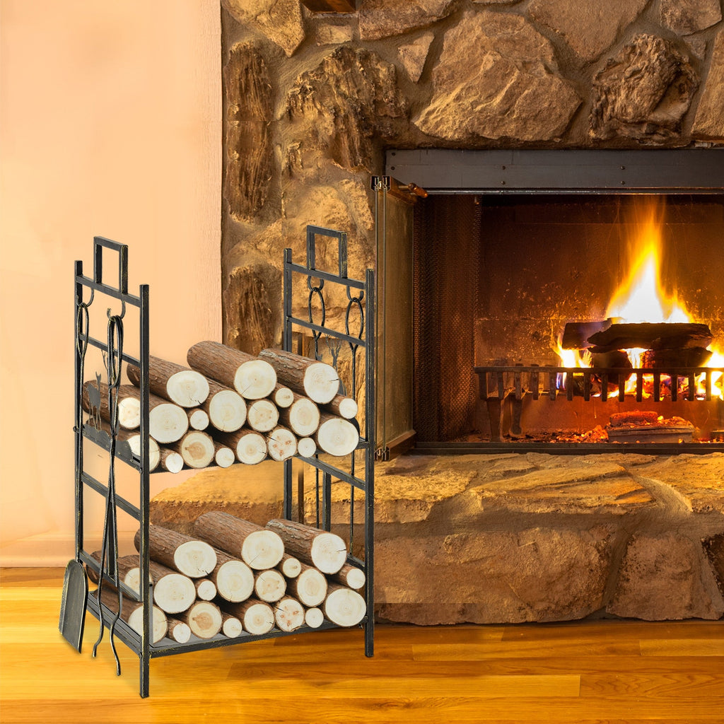 EASYCOMFORT Wrought Iron Wood Holder with Fireplace Tools and Handles, Raised Wood Holder Base and Decorations, 51.5x33x77cm - Black