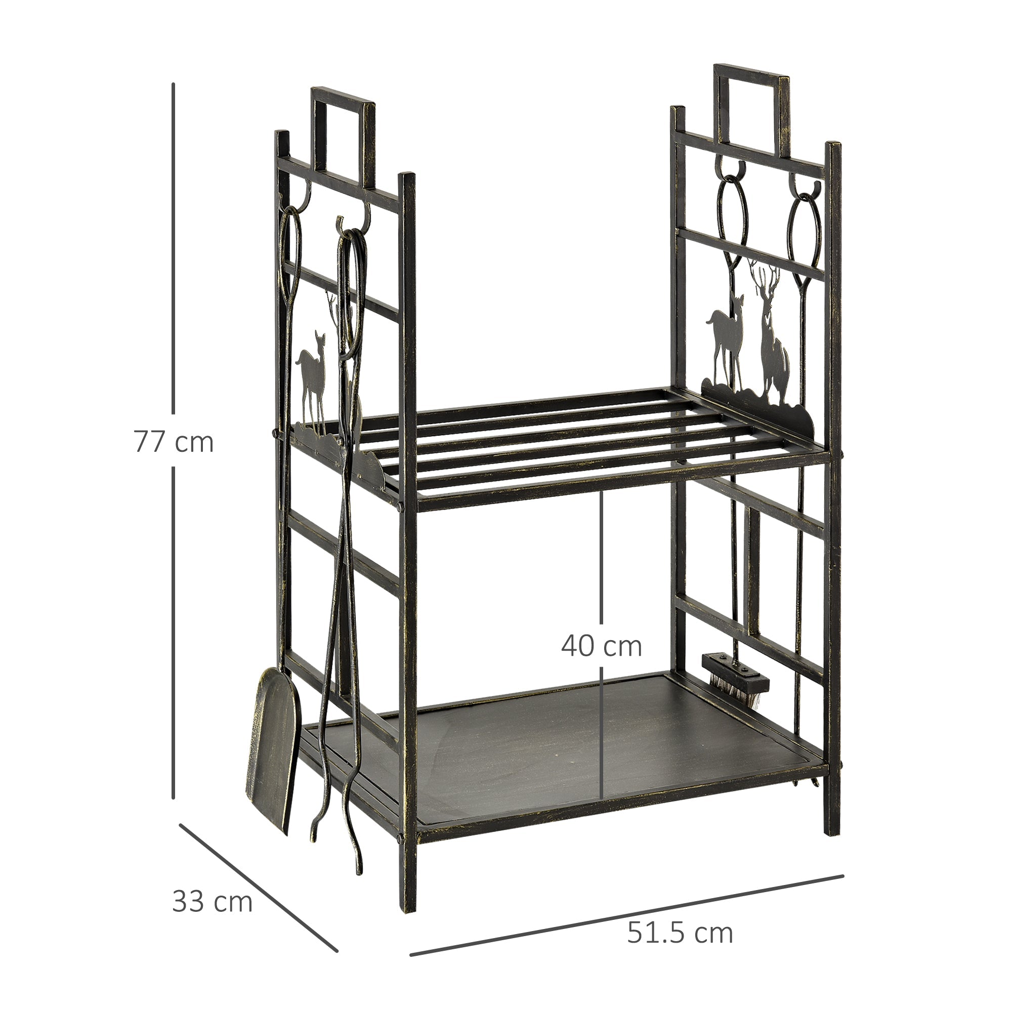 EASYCOMFORT Wrought Iron Wood Holder with Fireplace Tools and Handles, Raised Wood Holder Base and Decorations, 51.5x33x77cm - Black