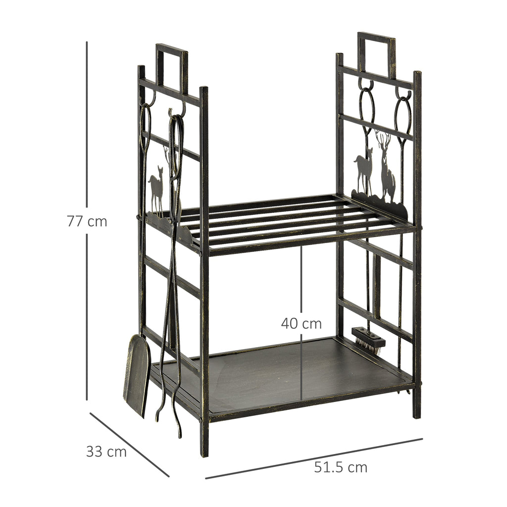 EASYCOMFORT Wrought Iron Wood Holder with Fireplace Tools and Handles, Raised Wood Holder Base and Decorations, 51.5x33x77cm - Black