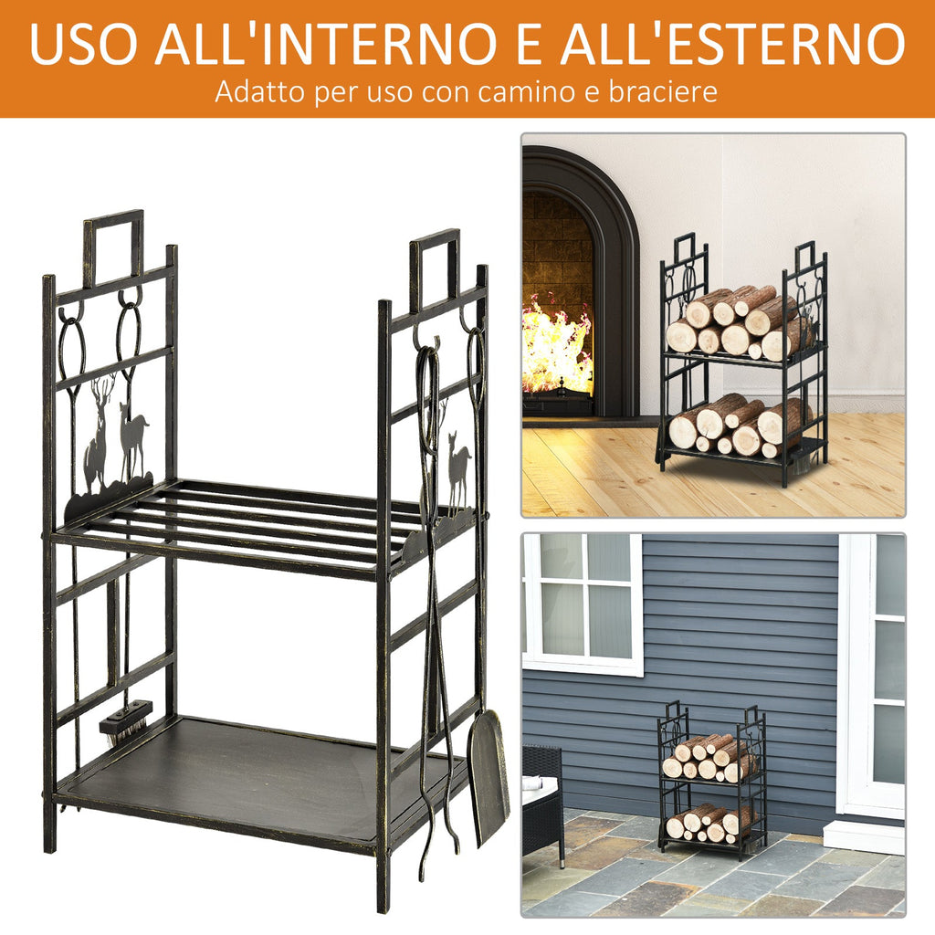 EASYCOMFORT Wrought Iron Wood Holder with Fireplace Tools and Handles, Raised Wood Holder Base and Decorations, 51.5x33x77cm - Black