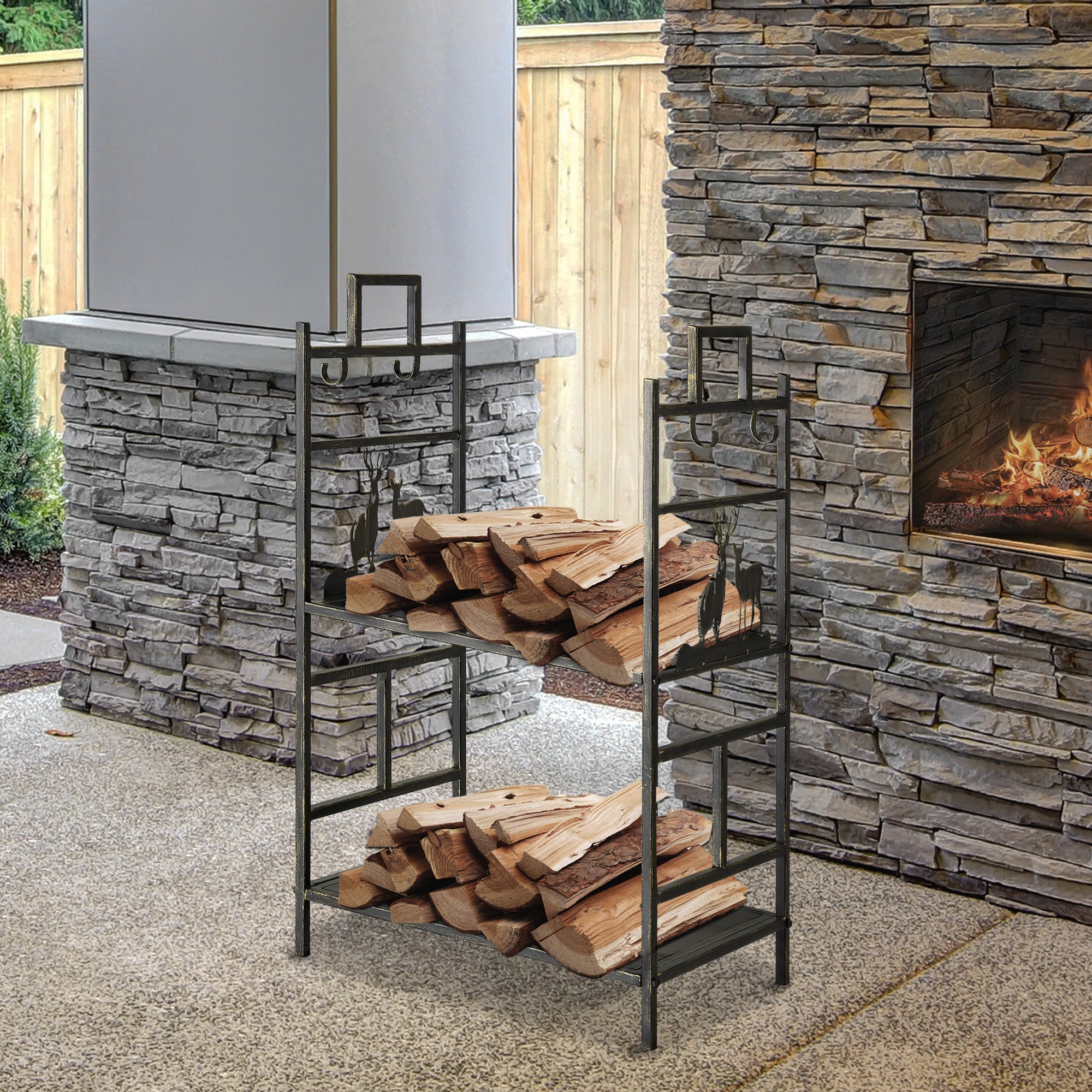 EASYCOMFORT Wrought Iron Wood Holder with Fireplace Tools and Handles, Raised Wood Holder Base and Decorations, 51.5x33x77cm - Black