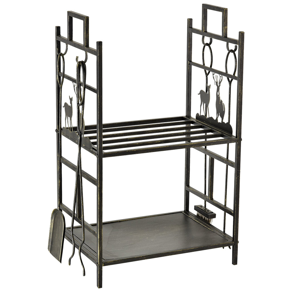 EASYCOMFORT Wrought Iron Wood Holder with Fireplace Tools and Handles, Raised Wood Holder Base and Decorations, 51.5x33x77cm - Black