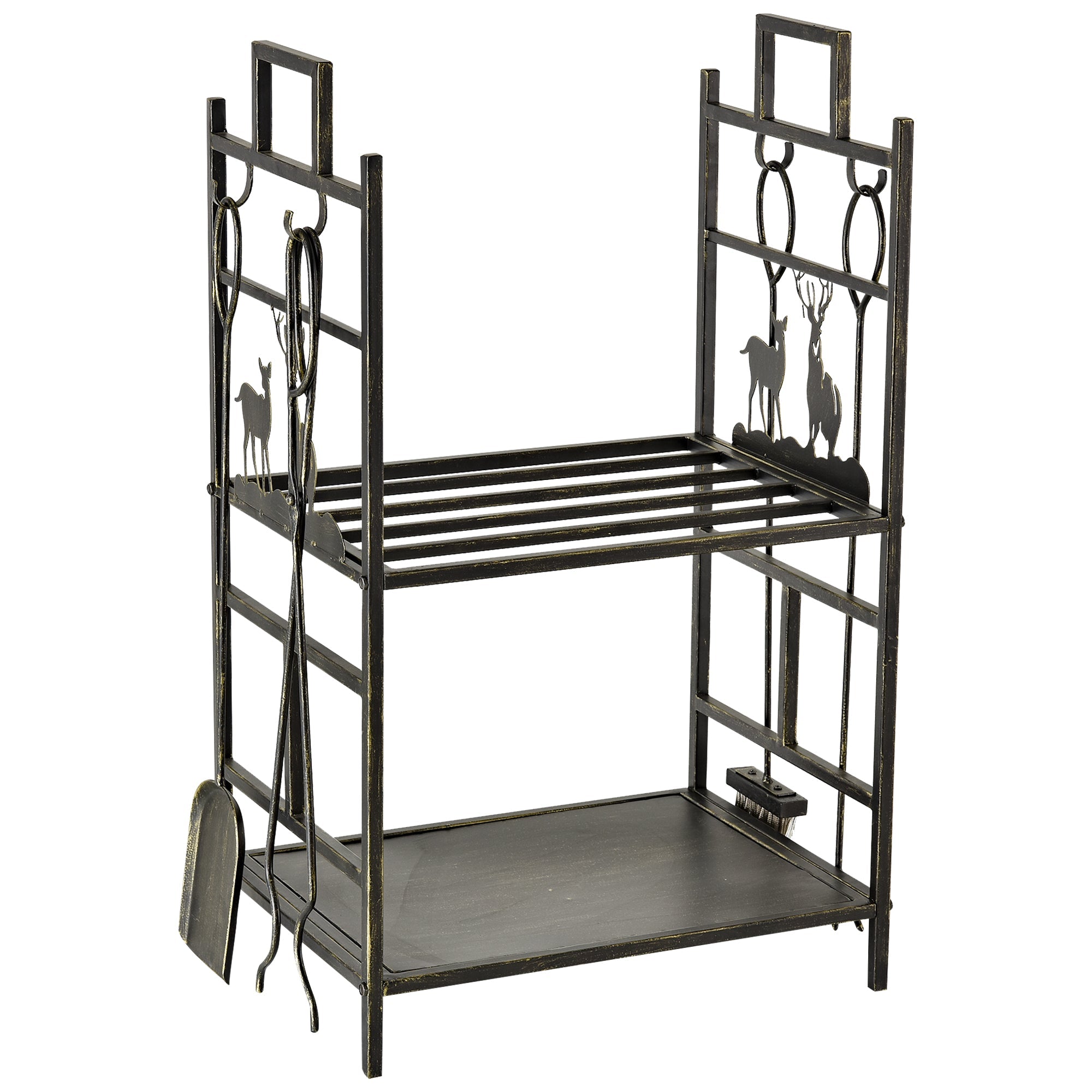 EASYCOMFORT Wrought Iron Wood Holder with Fireplace Tools and Handles, Raised Wood Holder Base and Decorations, 51.5x33x77cm - Black
