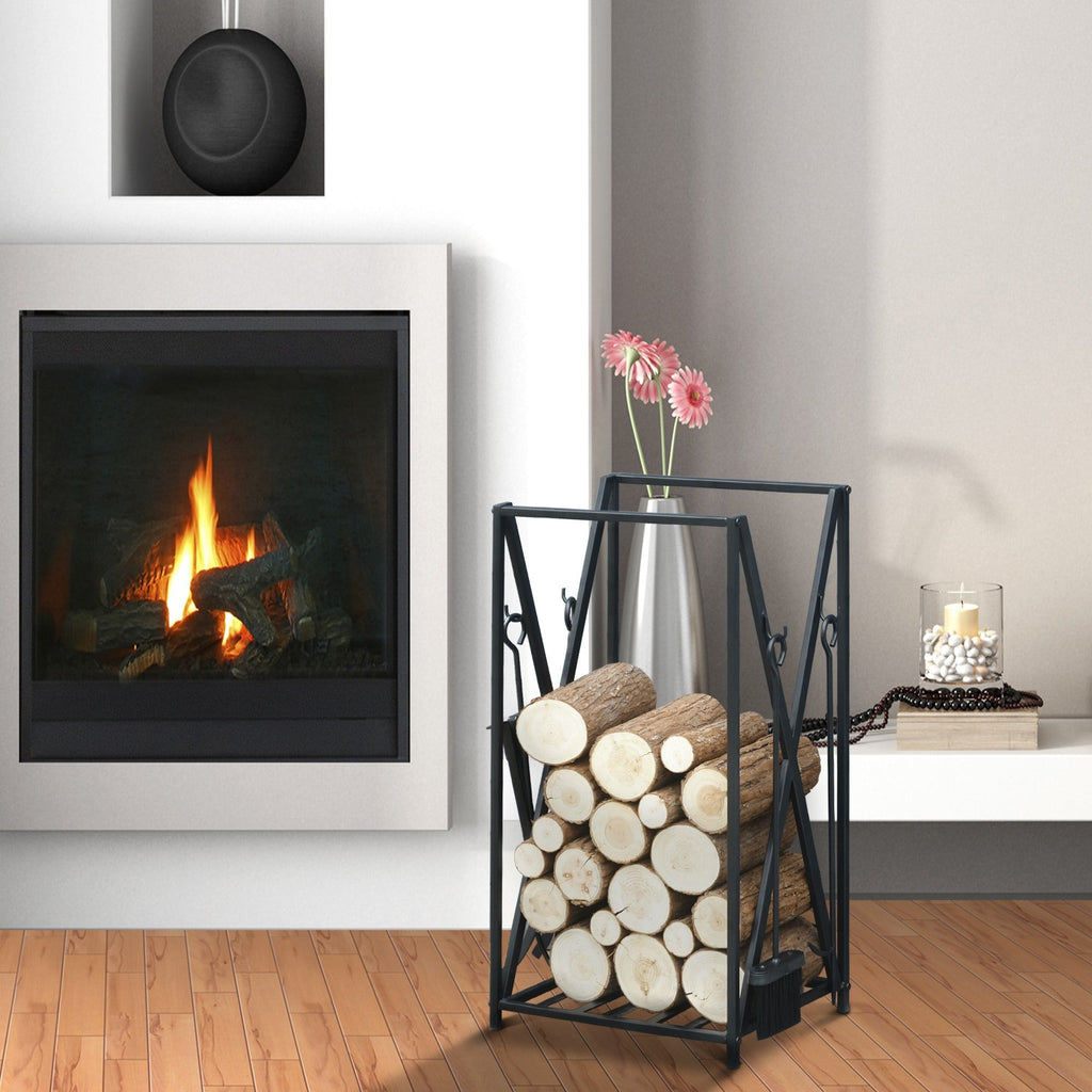 EASYCOMFORT Indoor and Outdoor Wood Holder in Steel, Wood Holder for Fireplace with Poker, Shovel, Brush and Pliers 46x30x76cm - Black