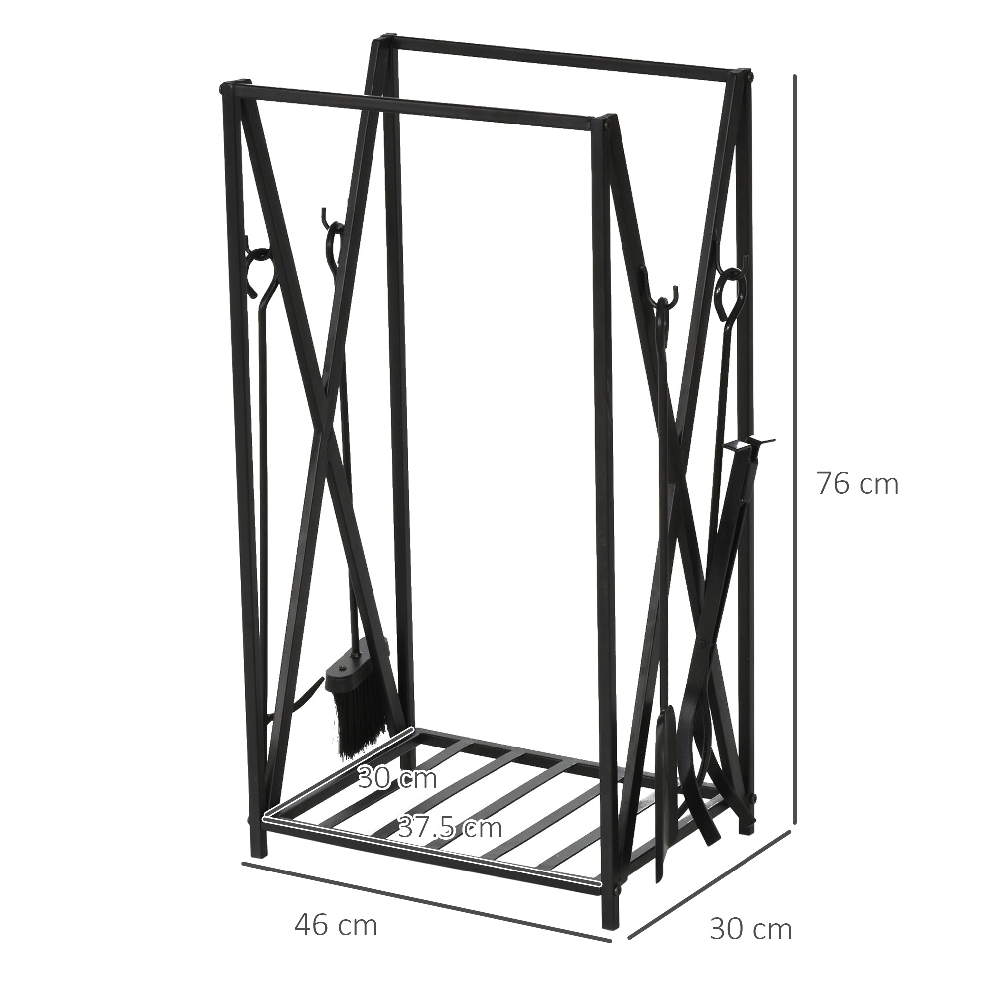 EASYCOMFORT Indoor and Outdoor Wood Holder in Steel, Wood Holder for Fireplace with Poker, Shovel, Brush and Pliers 46x30x76cm - Black