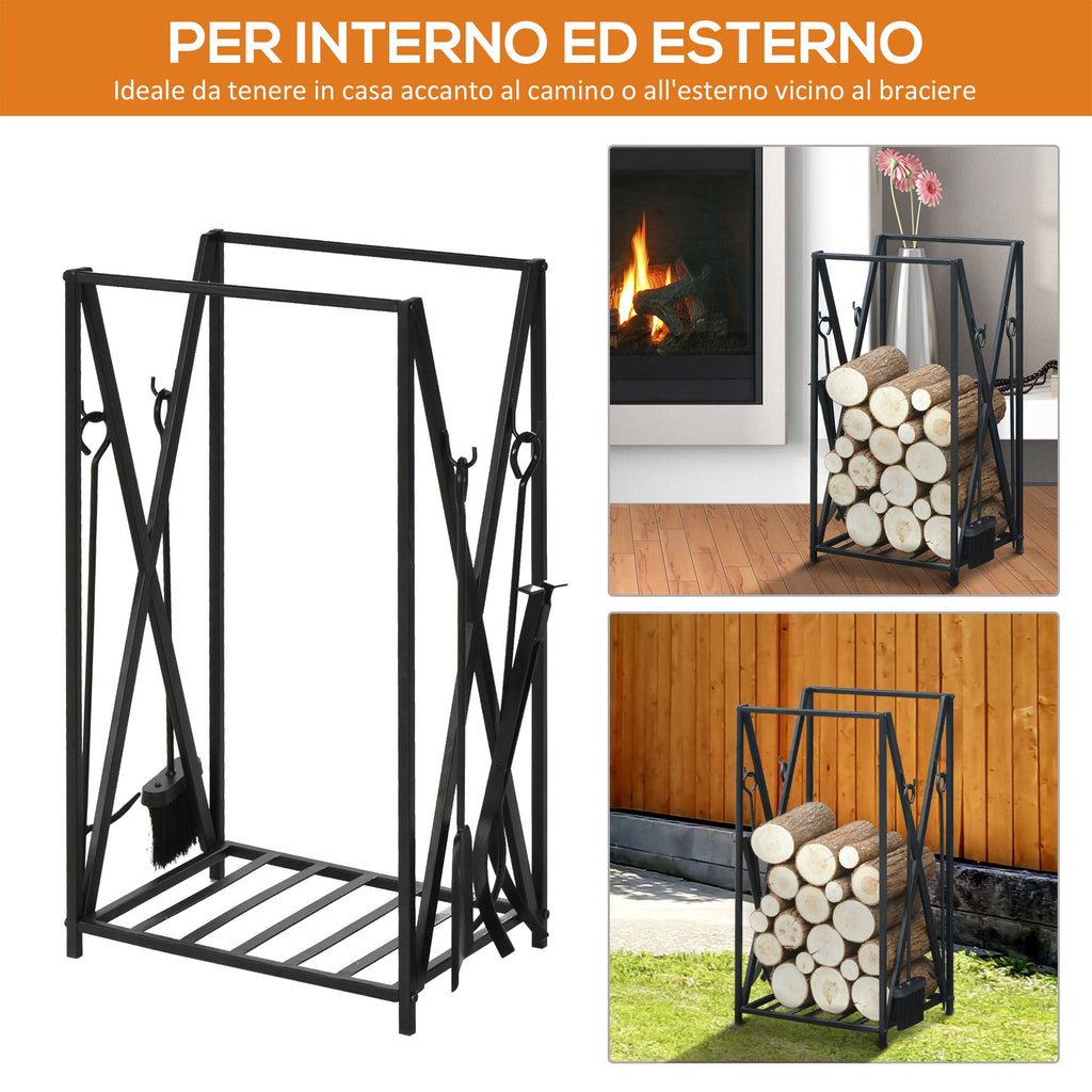 EASYCOMFORT Indoor and Outdoor Wood Holder in Steel, Wood Holder for Fireplace with Poker, Shovel, Brush and Pliers 46x30x76cm - Black