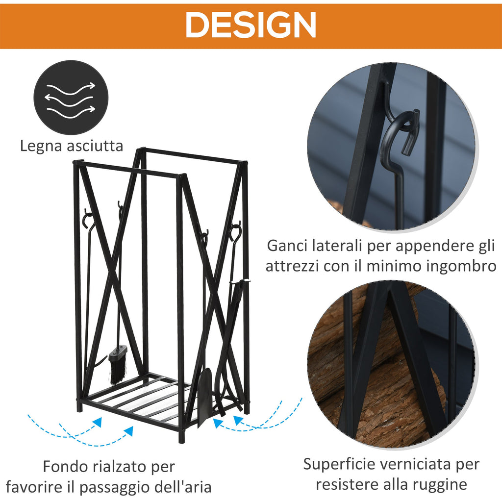 EASYCOMFORT Indoor and Outdoor Wood Holder in Steel, Wood Holder for Fireplace with Poker, Shovel, Brush and Pliers 46x30x76cm - Black