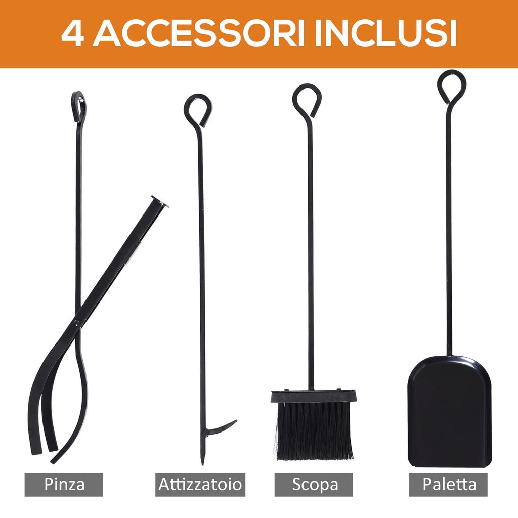 EASYCOMFORT Indoor and Outdoor Wood Holder in Steel, Wood Holder for Fireplace with Poker, Shovel, Brush and Pliers 46x30x76cm - Black