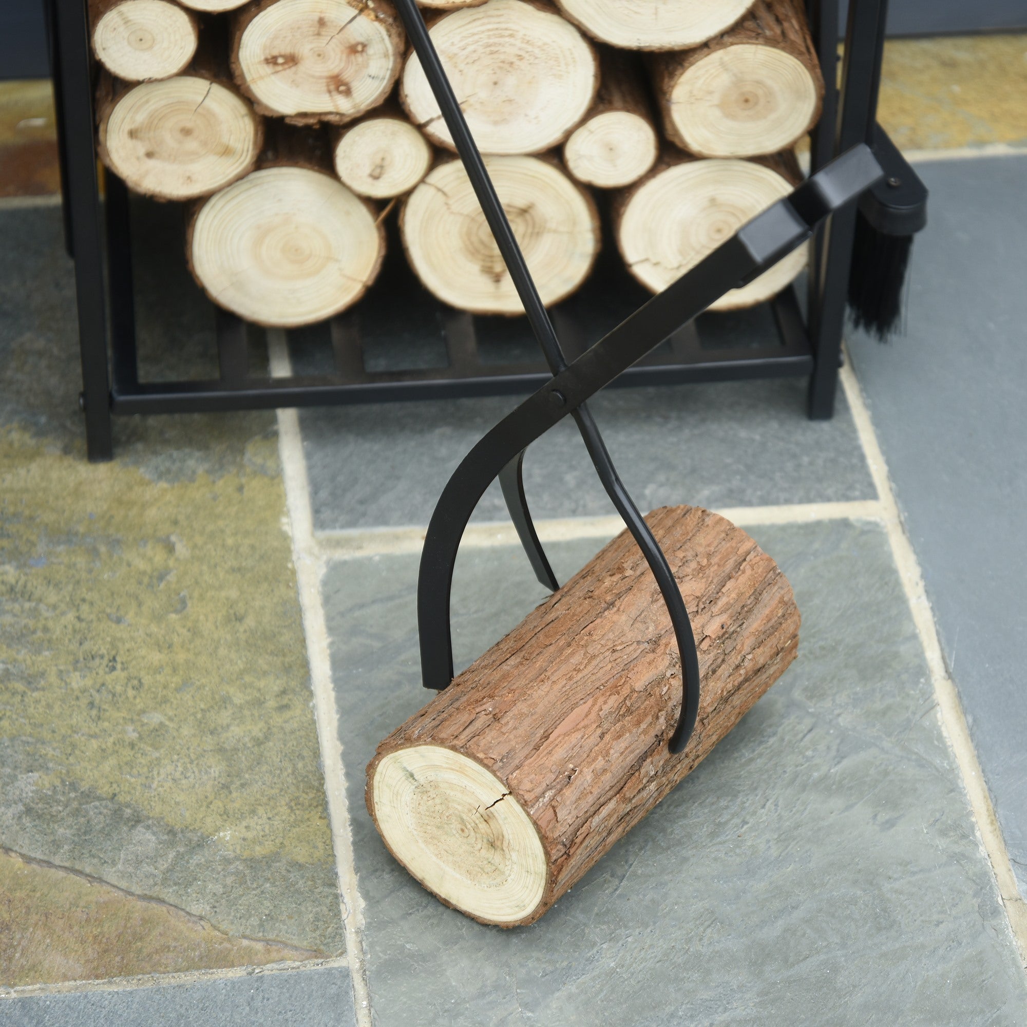 EASYCOMFORT Indoor and Outdoor Wood Holder in Steel, Wood Holder for Fireplace with Poker, Shovel, Brush and Pliers 46x30x76cm - Black