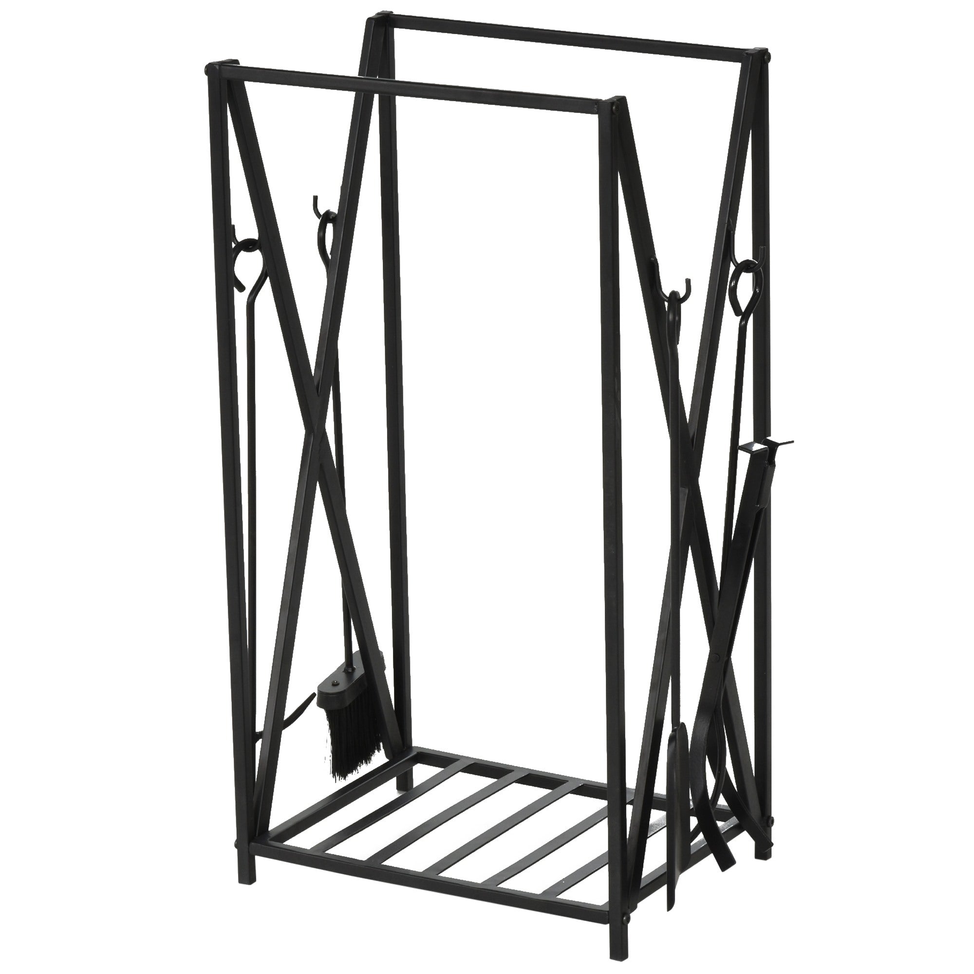 EASYCOMFORT Indoor and Outdoor Wood Holder in Steel, Wood Holder for Fireplace with Poker, Shovel, Brush and Pliers 46x30x76cm - Black