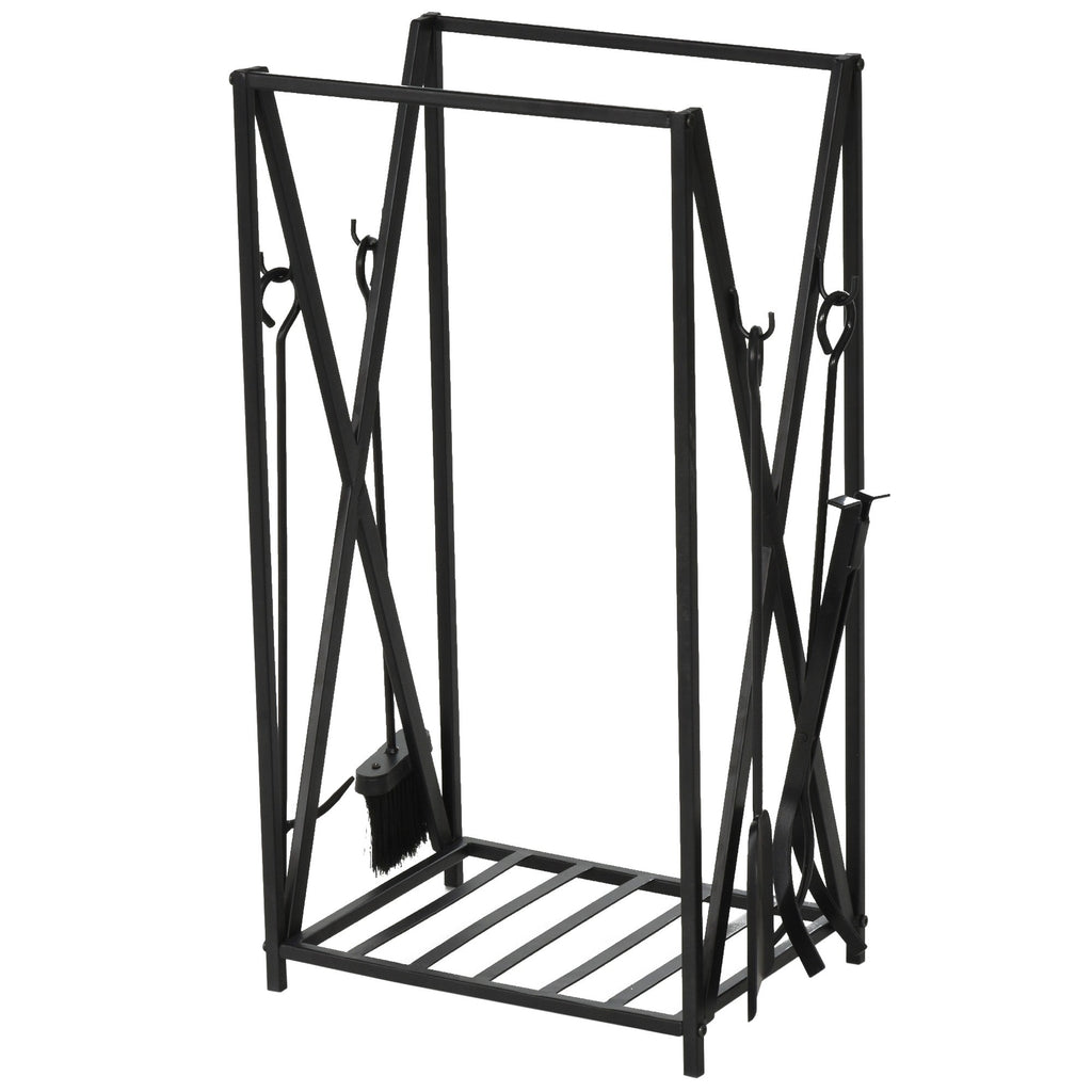 EASYCOMFORT Indoor and Outdoor Wood Holder in Steel, Wood Holder for Fireplace with Poker, Shovel, Brush and Pliers 46x30x76cm - Black