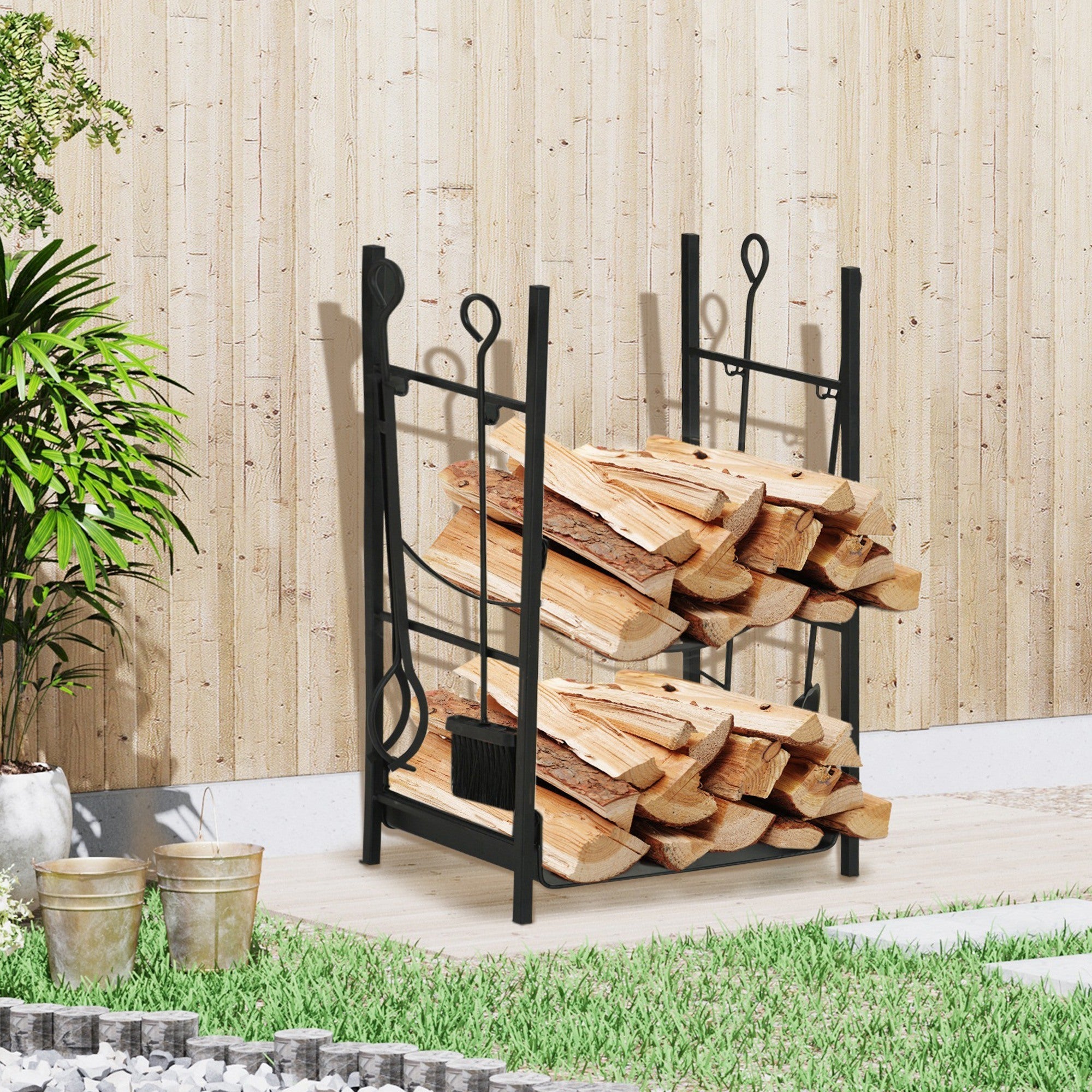 EASYCOMFORT Indoor and outdoor metal wood holder with shovel, broom, poker and tongs - Black