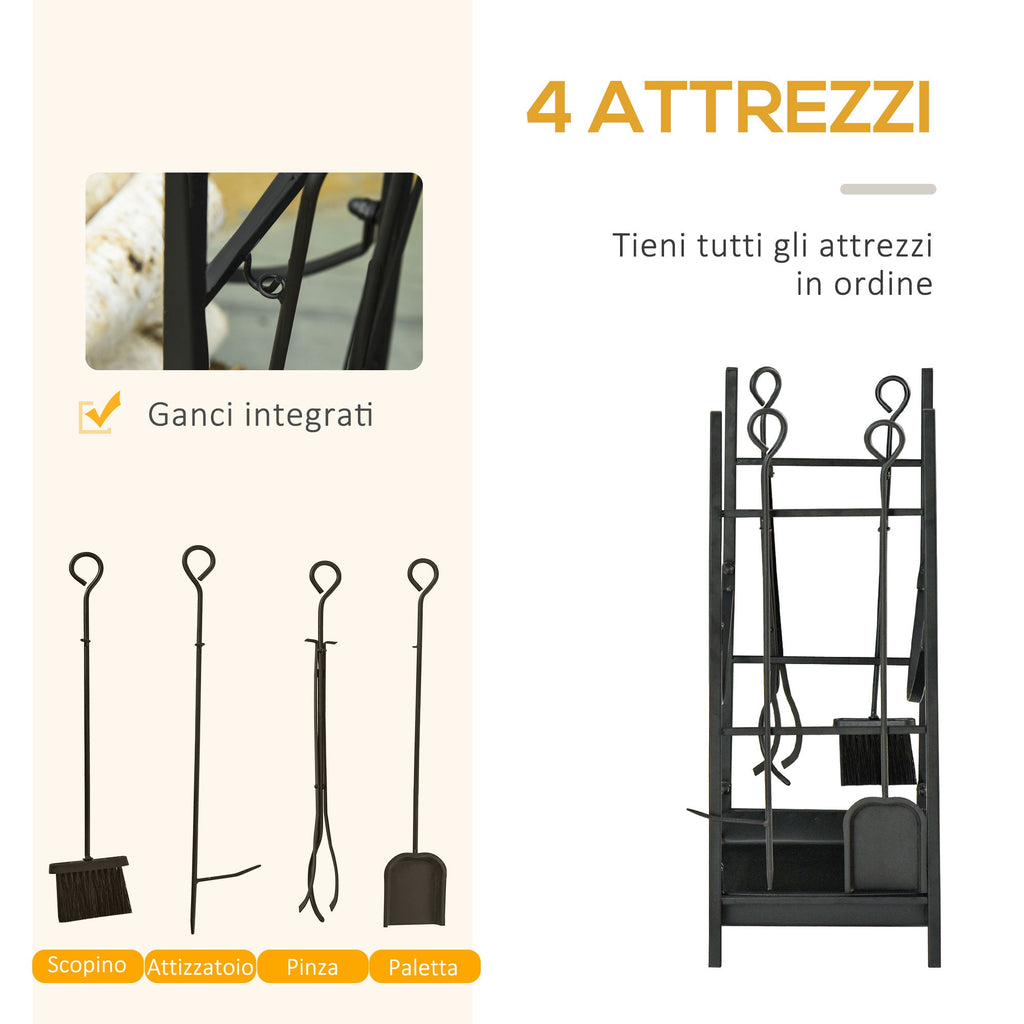 EASYCOMFORT Indoor and outdoor metal wood holder with shovel, broom, poker and tongs - Black