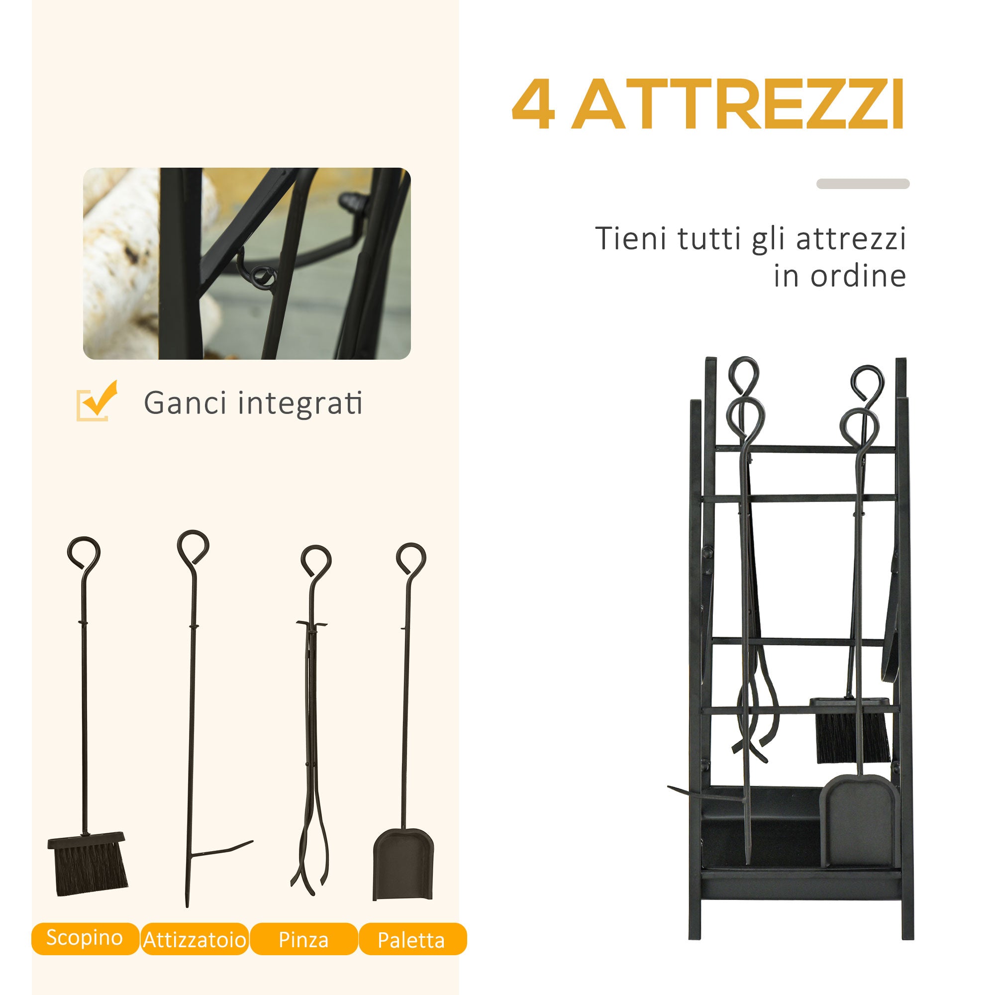EASYCOMFORT Indoor and outdoor metal wood holder with shovel, broom, poker and tongs - Black
