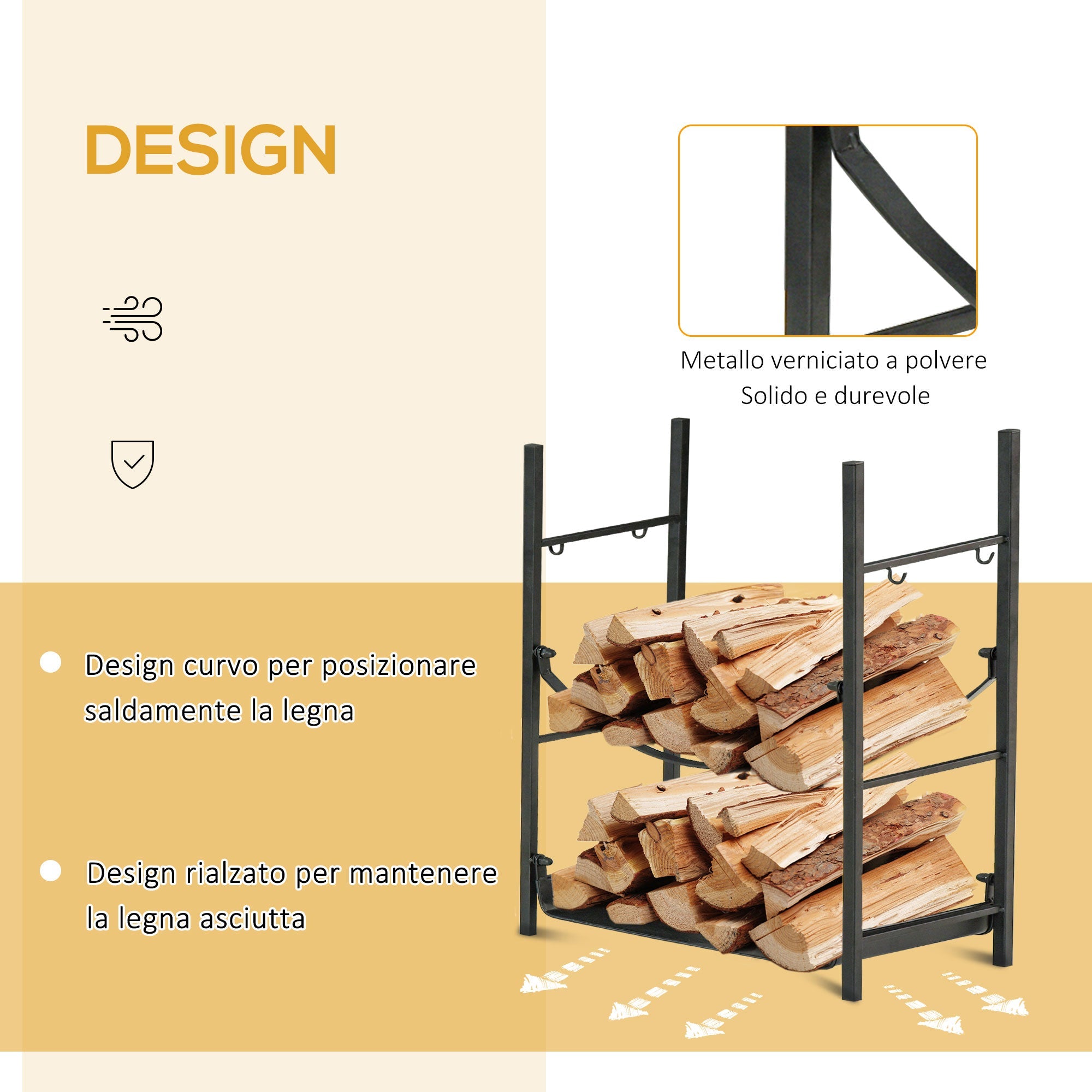 EASYCOMFORT Indoor and outdoor metal wood holder with shovel, broom, poker and tongs - Black