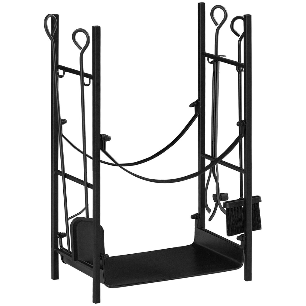 EASYCOMFORT Indoor and outdoor metal wood holder with shovel, broom, poker and tongs - Black