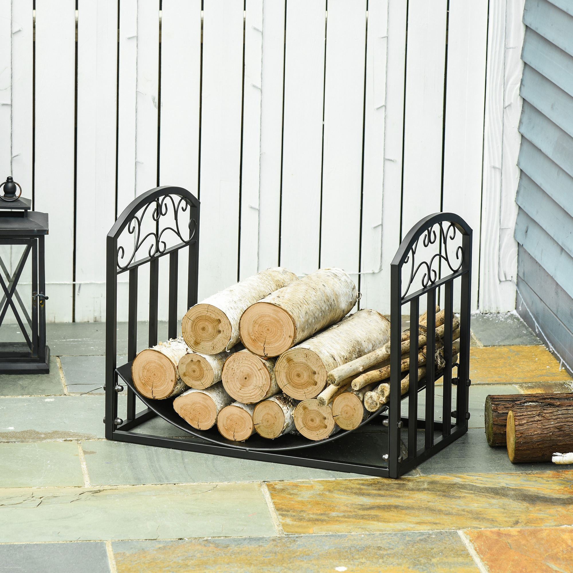 EASYCOMFORT Indoor and outdoor metal wood rack with curved shelf, up to 60kg of wood, black, 60.5x36x46.5cm