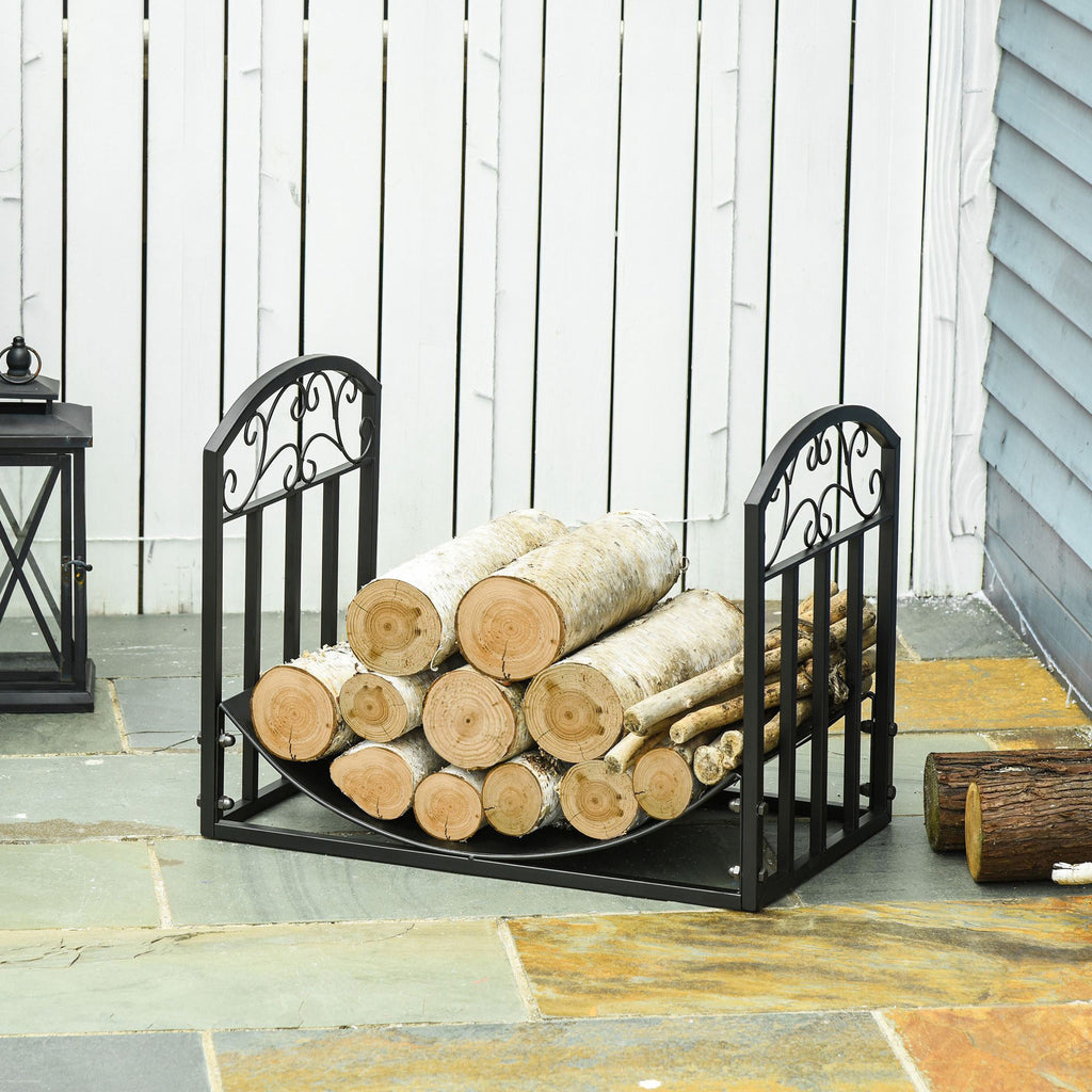 EASYCOMFORT Indoor and outdoor metal wood rack with curved shelf, up to 60kg of wood, black, 60.5x36x46.5cm