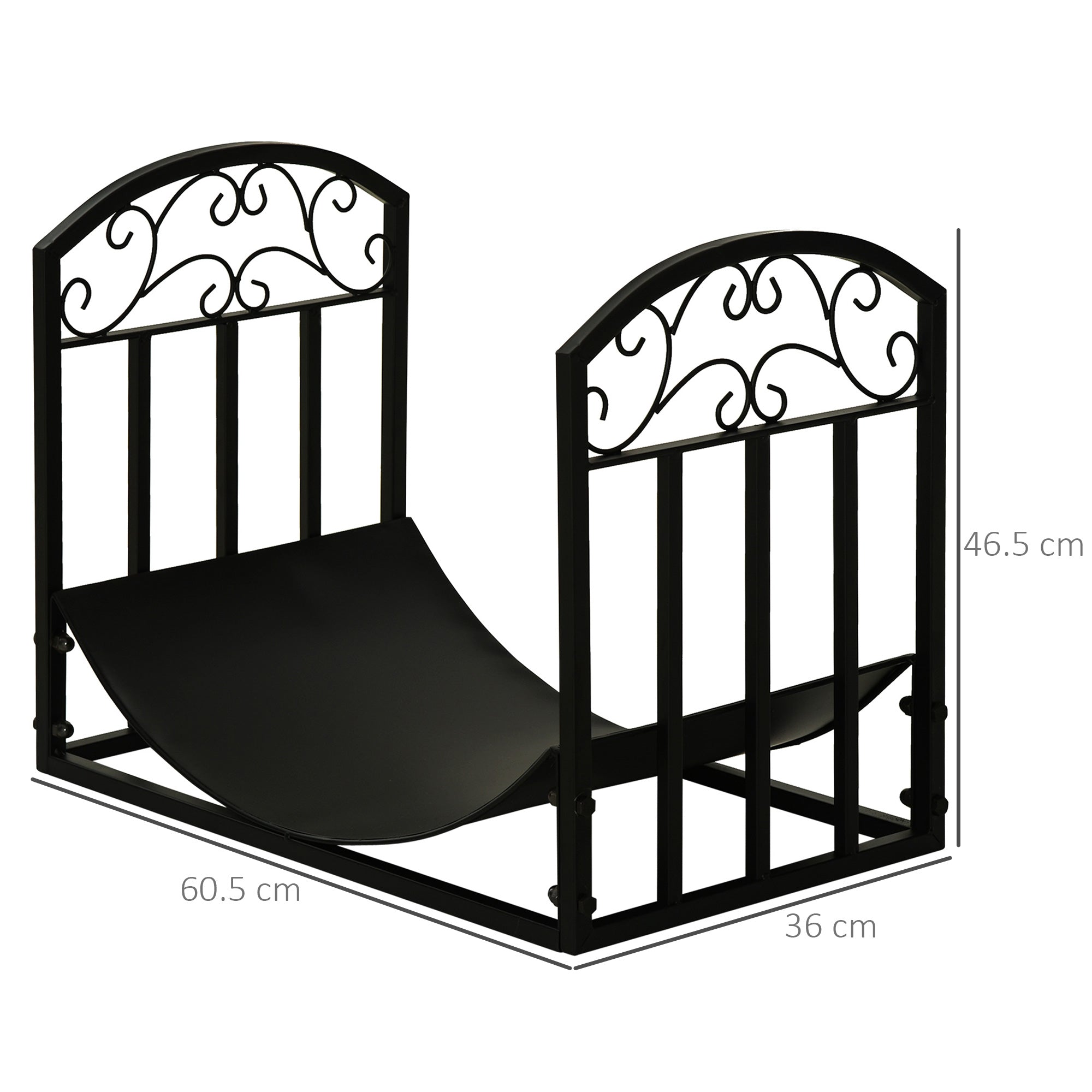 EASYCOMFORT Indoor and outdoor metal wood rack with curved shelf, up to 60kg of wood, black, 60.5x36x46.5cm