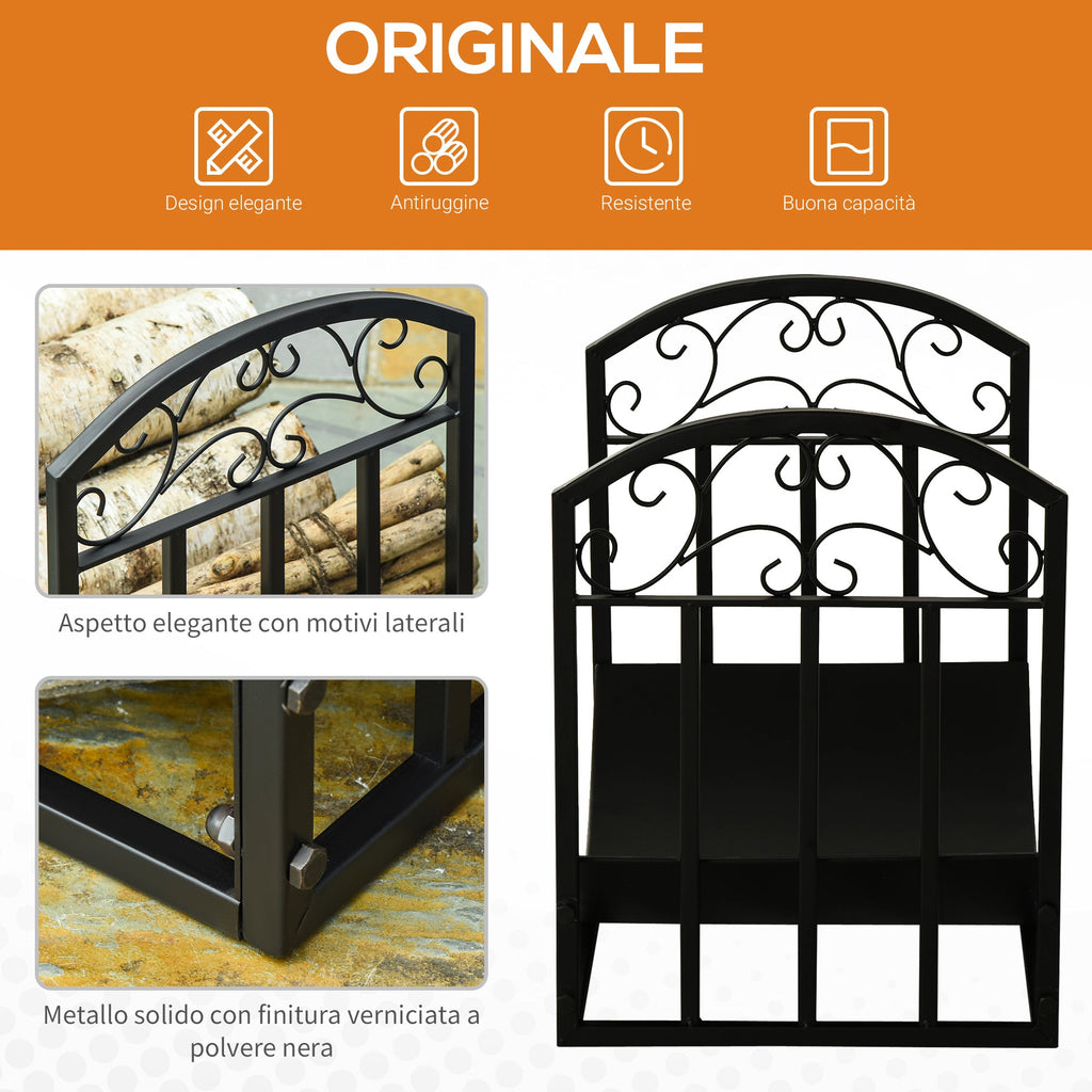 EASYCOMFORT Indoor and outdoor metal wood rack with curved shelf, up to 60kg of wood, black, 60.5x36x46.5cm