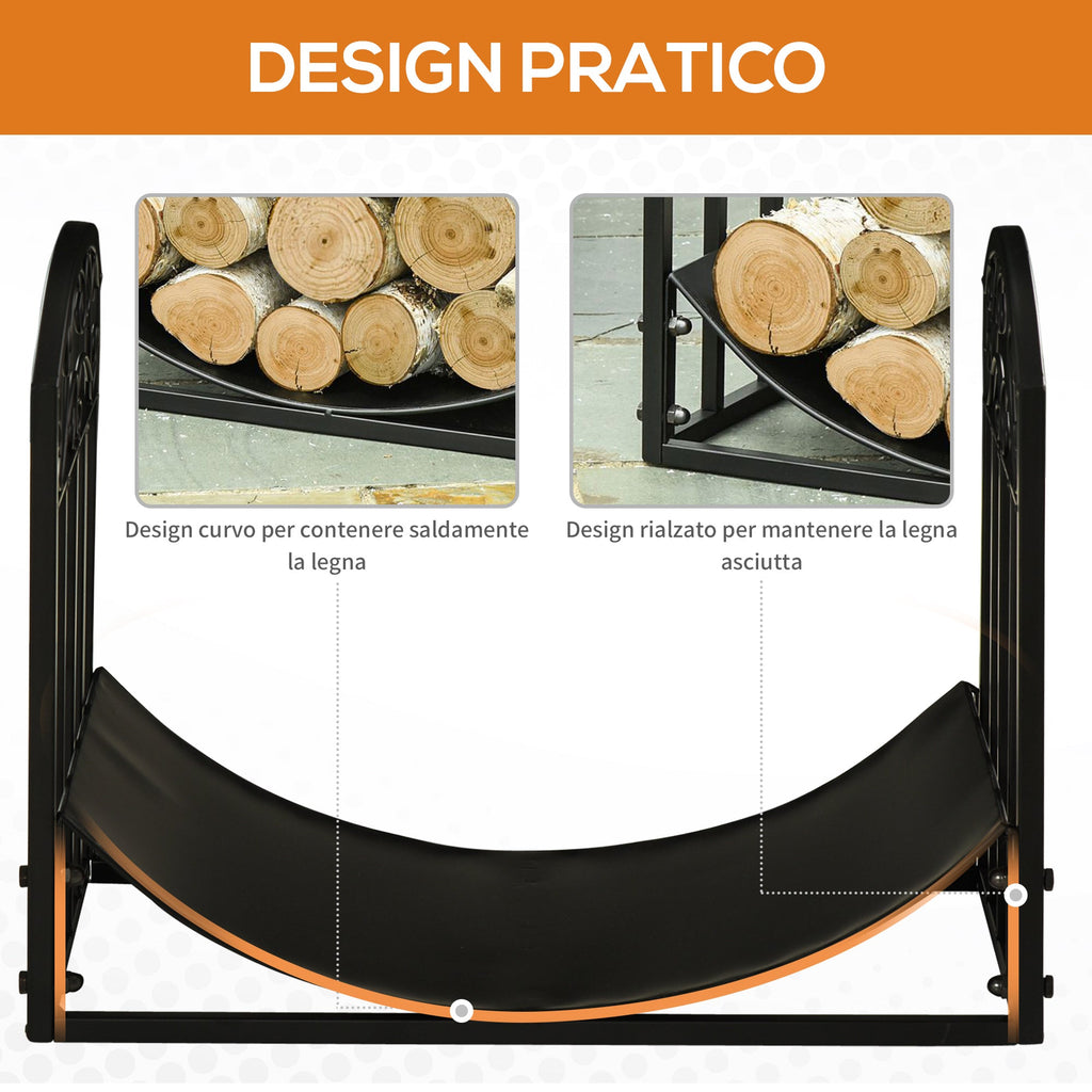 EASYCOMFORT Indoor and outdoor metal wood rack with curved shelf, up to 60kg of wood, black, 60.5x36x46.5cm