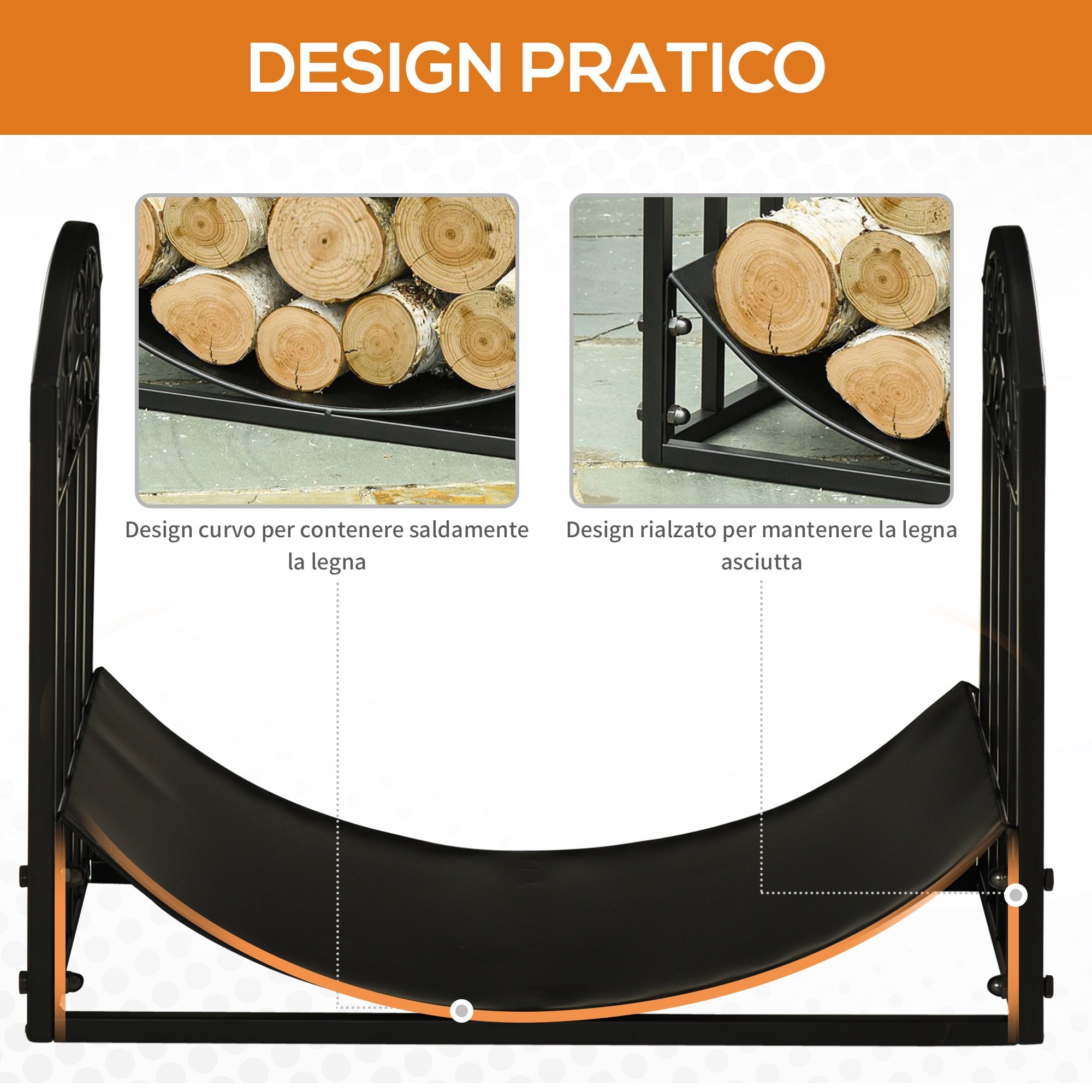 EASYCOMFORT Indoor and outdoor metal wood rack with curved shelf, up to 60kg of wood, black, 60.5x36x46.5cm