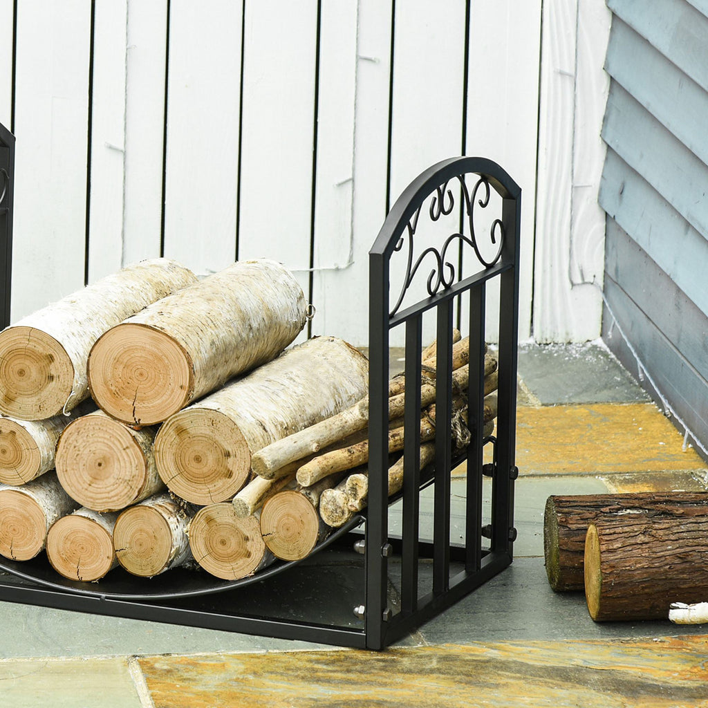 EASYCOMFORT Indoor and outdoor metal wood rack with curved shelf, up to 60kg of wood, black, 60.5x36x46.5cm