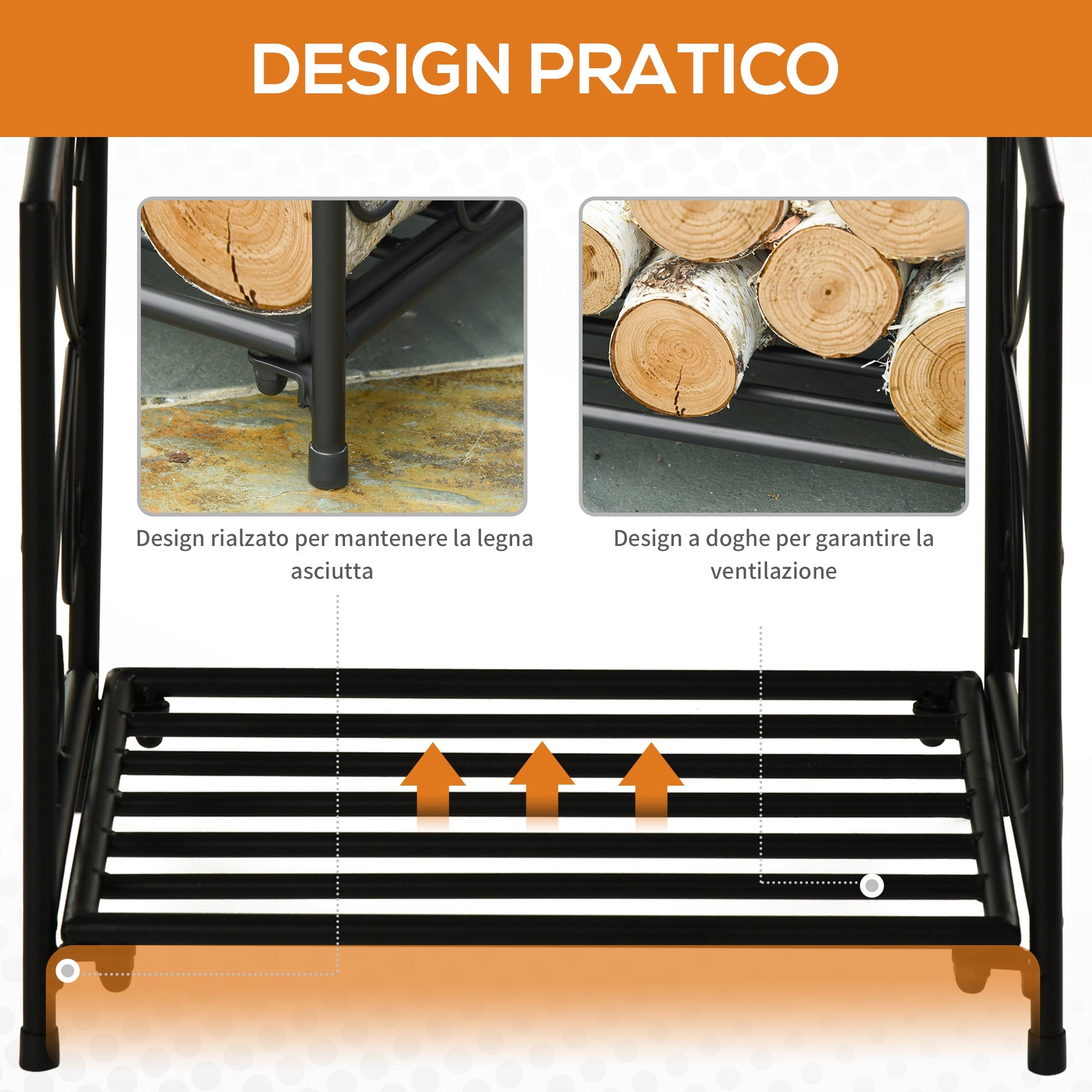 EASYCOMFORT Wood holder for indoor and outdoor fireplace in metal with raised base for 50kg of wood, 39.5x31.5x39.5cm - Black