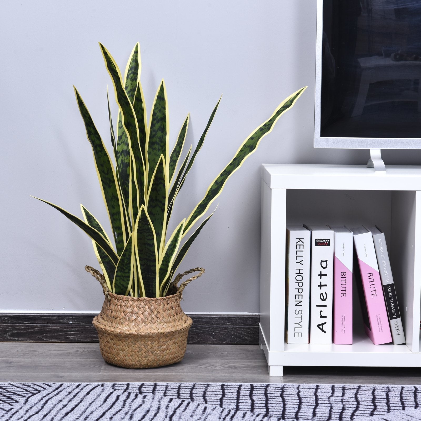 EASYCOMFORT Artificial Sanseveria Realistic Fake Plant with Pot, Ø15cm x 80cm, Green and Yellow