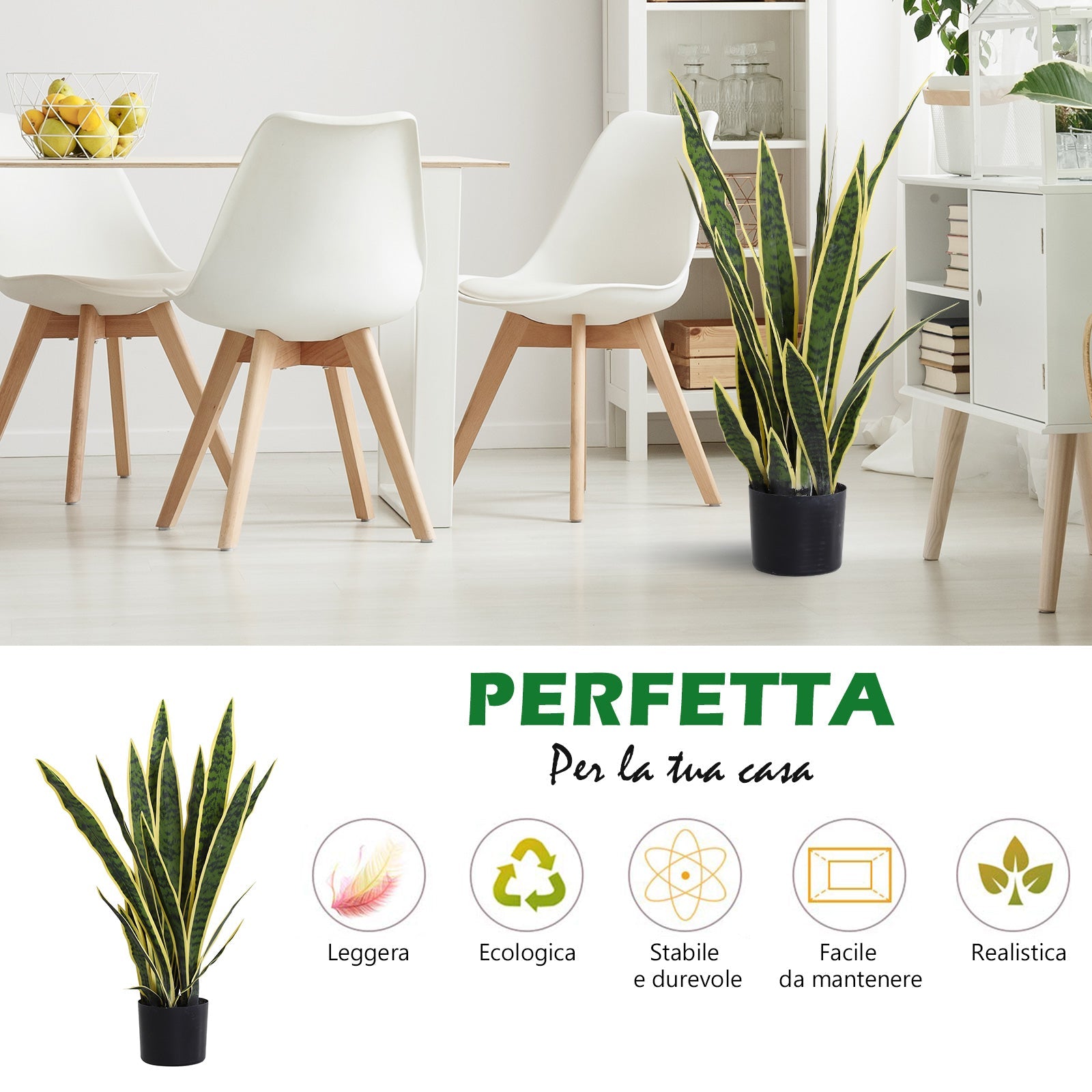 EASYCOMFORT Artificial Sanseveria Realistic Fake Plant with Pot, Ø15cm x 80cm, Green and Yellow