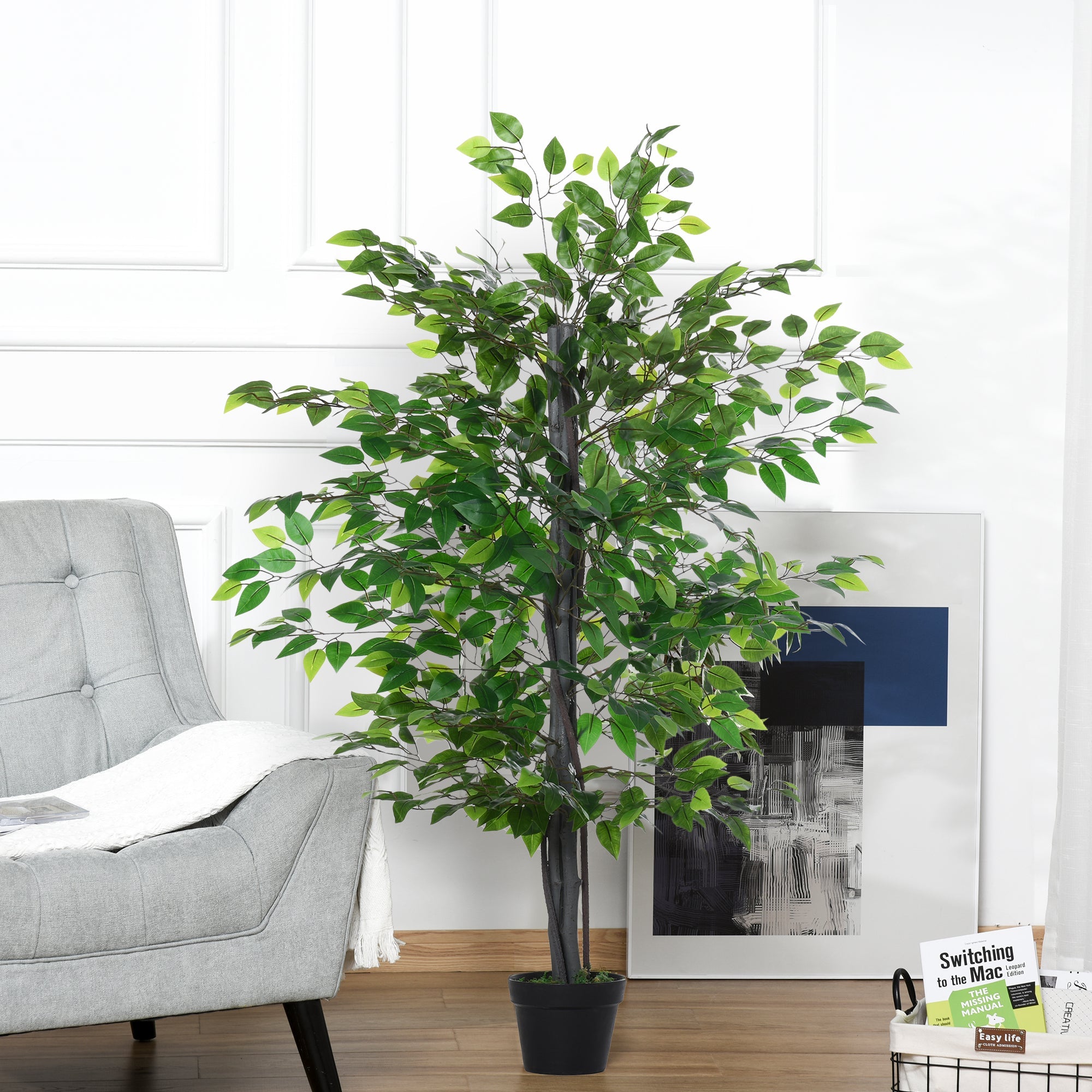 EASYCOMFORT Artificial Banyan Tree, Indoor and Outdoor Decorative Fake Plant 145cm High, Green