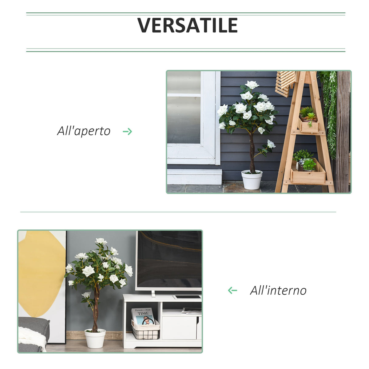 EasyComfort Rose Sapling kunstplant 90 cm – 21 bloemen, wit/groen