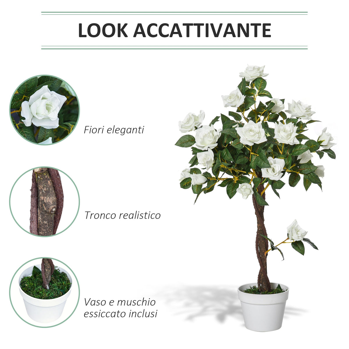 EasyComfort Rose Sapling kunstplant 90 cm – 21 bloemen, wit/groen
