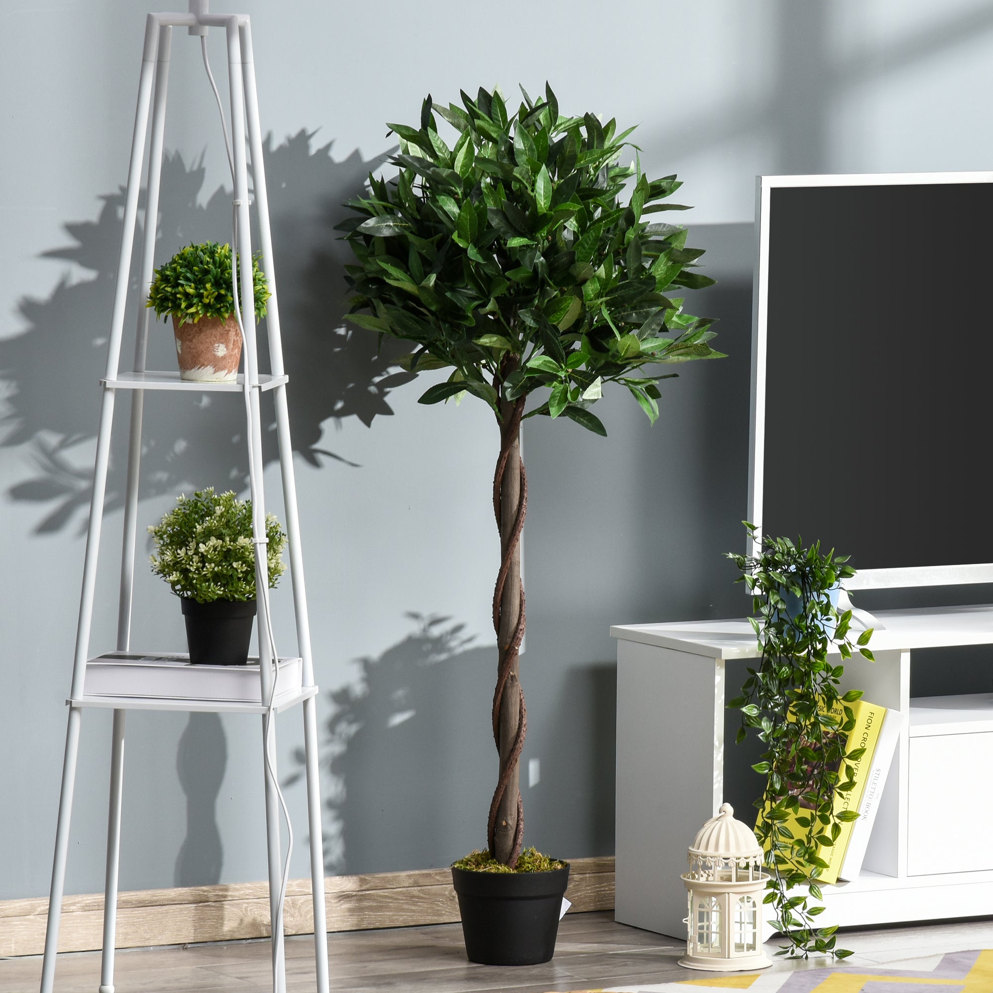 EASYCOMFORT Set of 2 Laurel Trees in Pots, Fake Plants in Plastic Height 120cm for Indoors and Outdoors